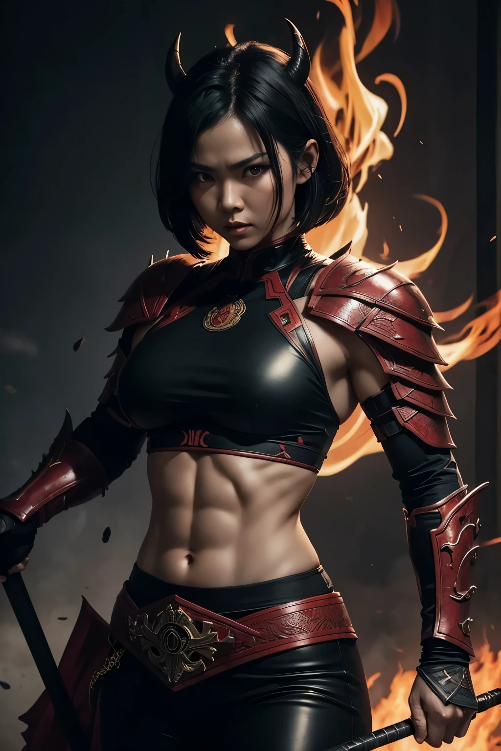 8K,tall macho woman,demon horn,Eyes split vertically,black short bob,martial arts costume,red and black sexy combat uniform,martial arts black pants,Black light,real art,masterpiece,highest qualityのフォトリアリスティックなRAW写真。bright colors,rich colors, Backlight, cinematic lighting, film grain, to be born, 50MM lens, Nikon D850,detailed character art,fantasy art,ultra high resolution,super realistic skin,Perfect hand shape,Photoreal　Raw photo　highest quality;1.4 ,Depth of object being written,detailed light,Be careful of helicopter details,Very delicate and beautiful expression,technical sense,sharp focus,rich background,Holds Chinese weapon tonfa,Forms of anger,anger,wrapped in red-black smoke,muscle pump up,Muscular armor,Violent and strongly cracked abdominal muscles,battlefield,demon makeup,多数のdemon horn,