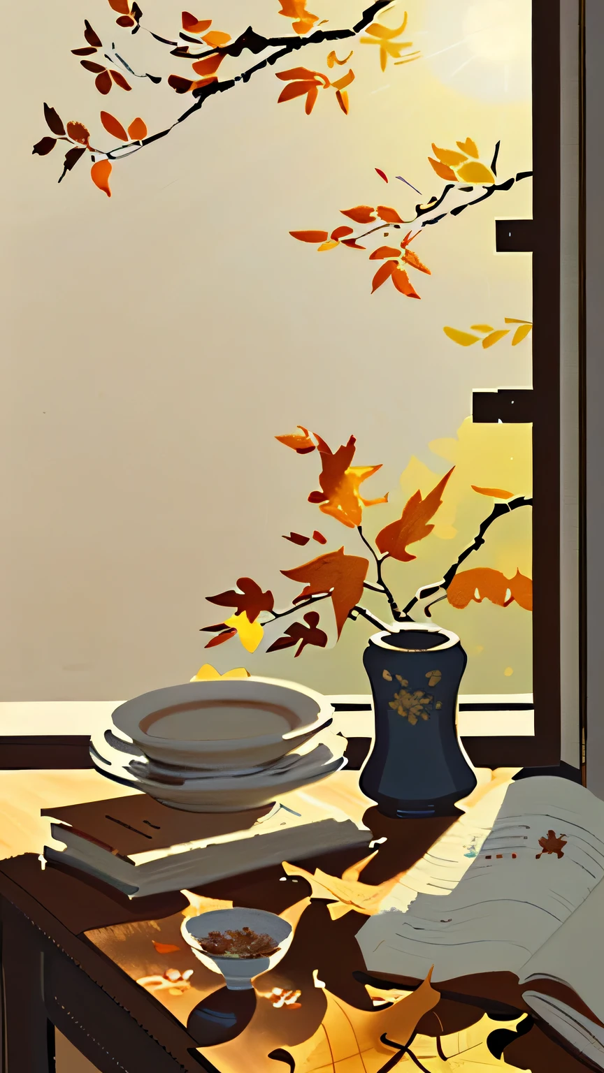 (Maple leaves fall on the book),close up,close shot,There was an open book on the table,Sunlight,(Minimalism,simple,Succinct),no one--v6,Hand drawn illustration,wallpaper,light and shadow,flat illustration, Inspired by Wu Guanzhong, Official illustration