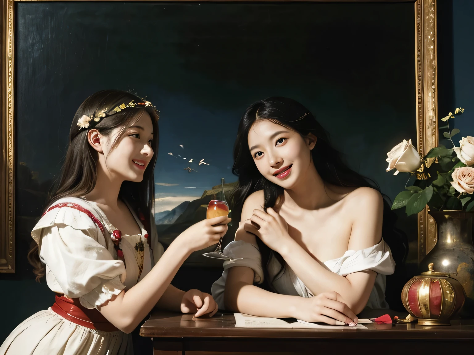 Giorgione painting style,Arguments of two female Philosophe,math、astronomical machine、astronaut、roses in vase、fruits、Cute trinkets、smile、ancient greek costume、Ancient Roman landscape in the style of Nicolas Poussin,laughter,,Sweet and seductive appearance.、Caravaggio's paintings、Chiaroscuro of Caravaggio、hair tousled by the wind,Two women frolicking,cute smile, expression of ecstasy,Sexy,erotic