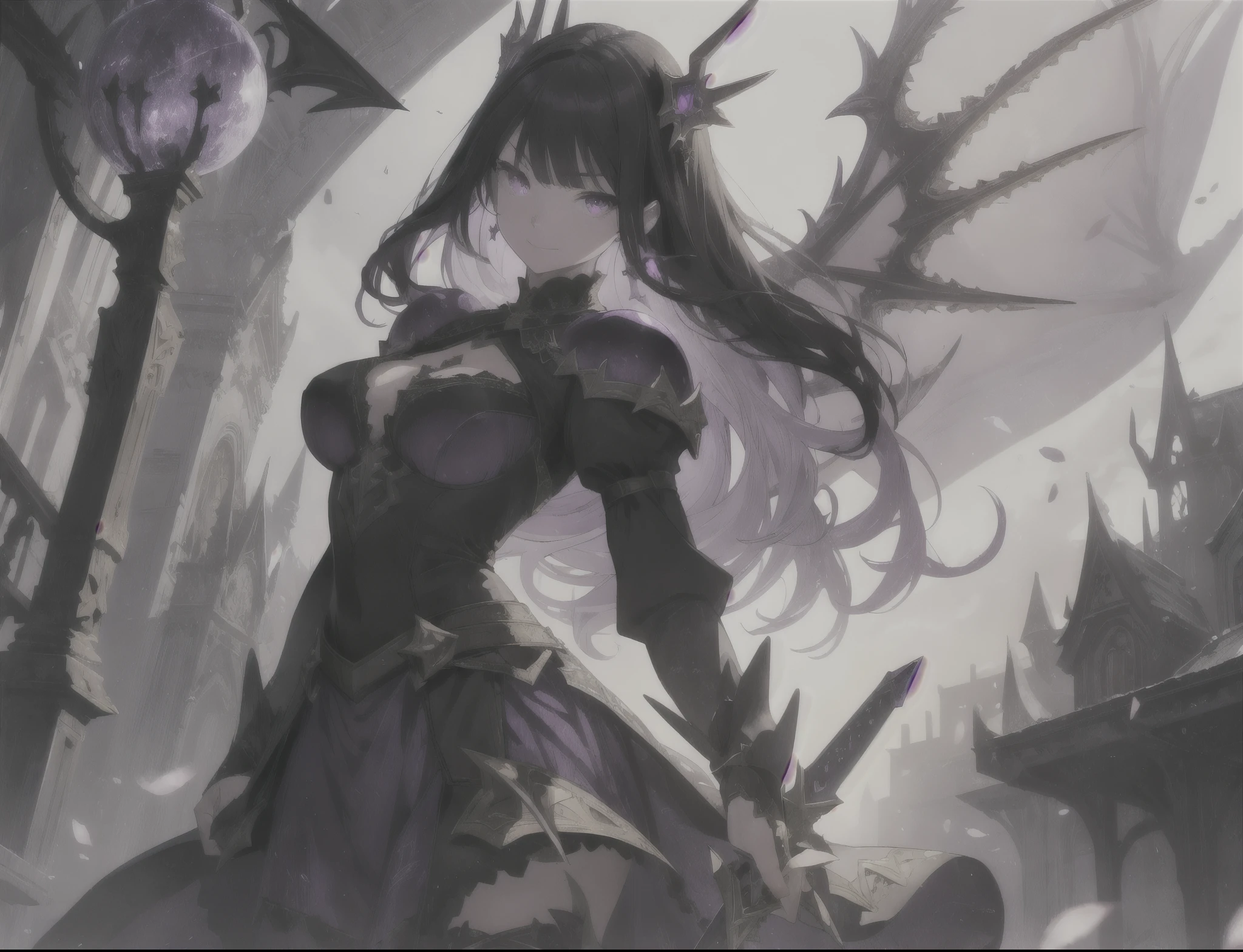 beautiful dress, dark fantasy、cruel worldview、high star piece:1.4), super detailed,1 girl wielding a sword,Dragon princess、dark heroine、 Sexy、cross lace 、long skirt、long sleeve、armed、floating, China dress, black dress, stockings, black hair、purple eye、 very fine eyes, Drunk eyes, expression of desire、Insanity、smile、Grows giant dragon wings、Wield a giant sword、disaster々new light、bloody、