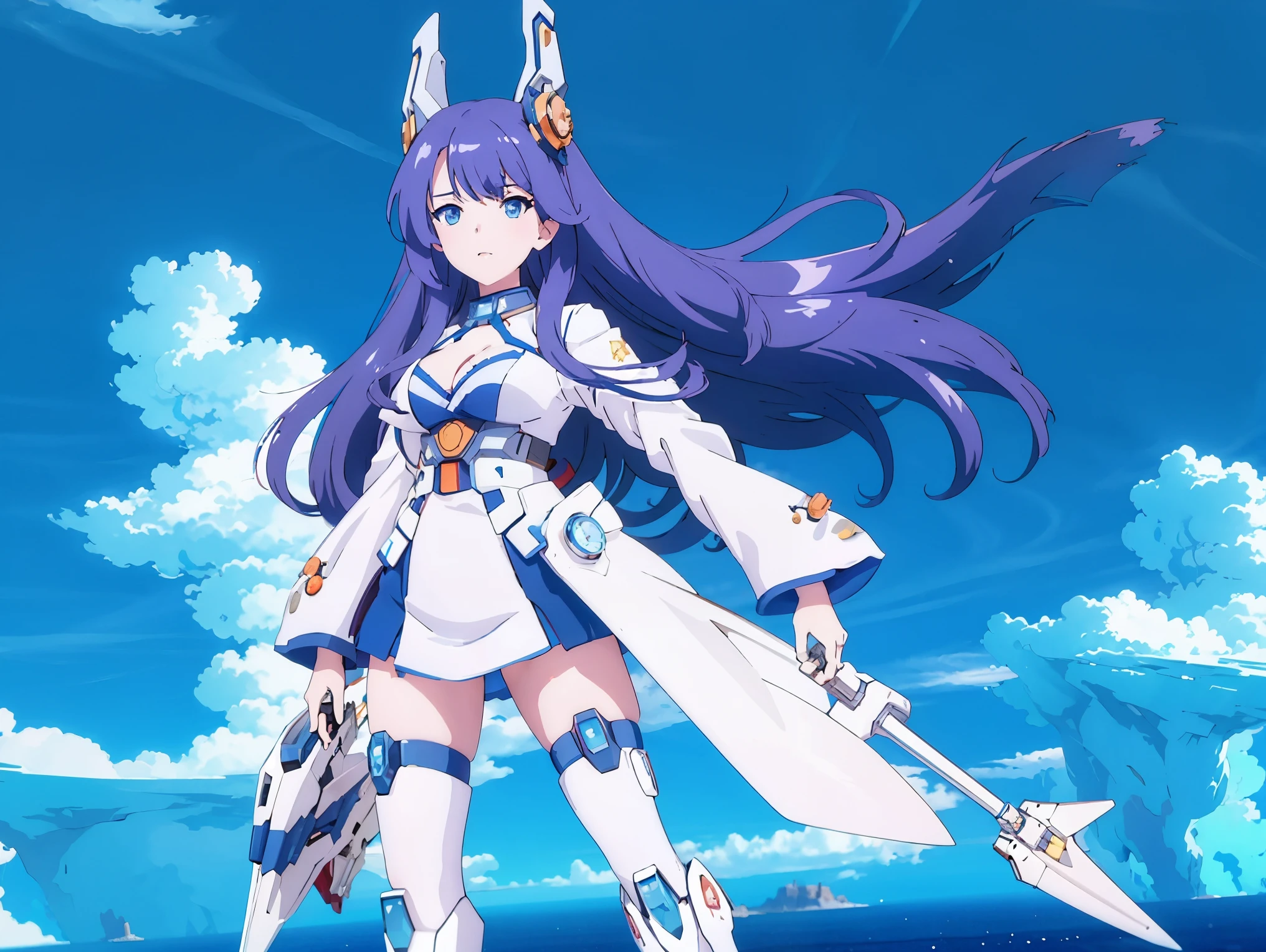 ((celluloid)),mecha musume,a woman in a futuristic outfit is floating in the air with a sword in her hand with a sky and clouds and blue background with white clouds and blue and orange lines and white,with a,Joseph Stella,mecha,a character portrait,rayonism,