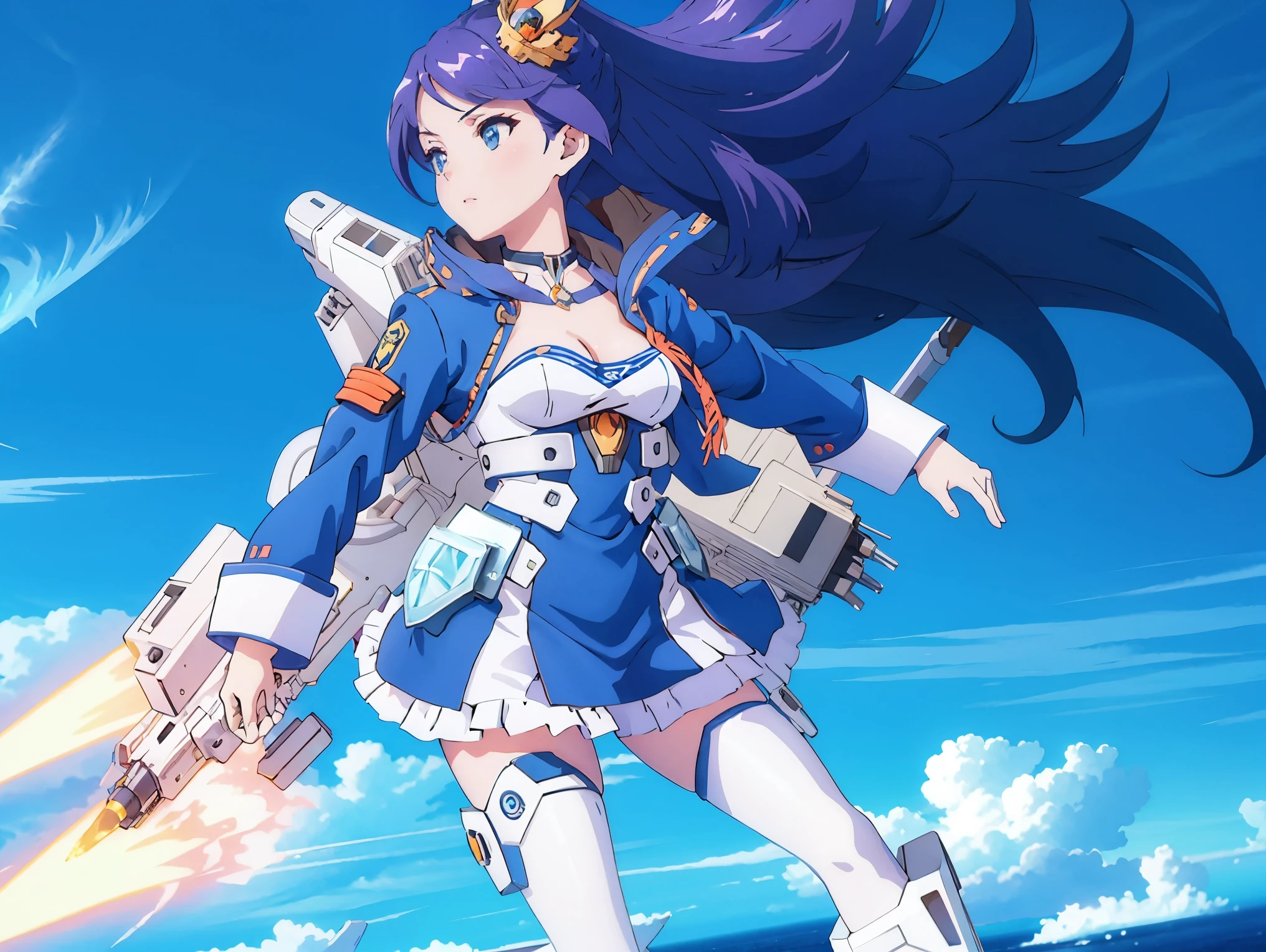 ((celluloid)),mecha musume,a woman in a futuristic outfit is floating in the air with a sword in her hand with a sky and clouds and blue background with white clouds and blue and orange lines and white,with a,Joseph Stella,mecha,a character portrait,rayonism,