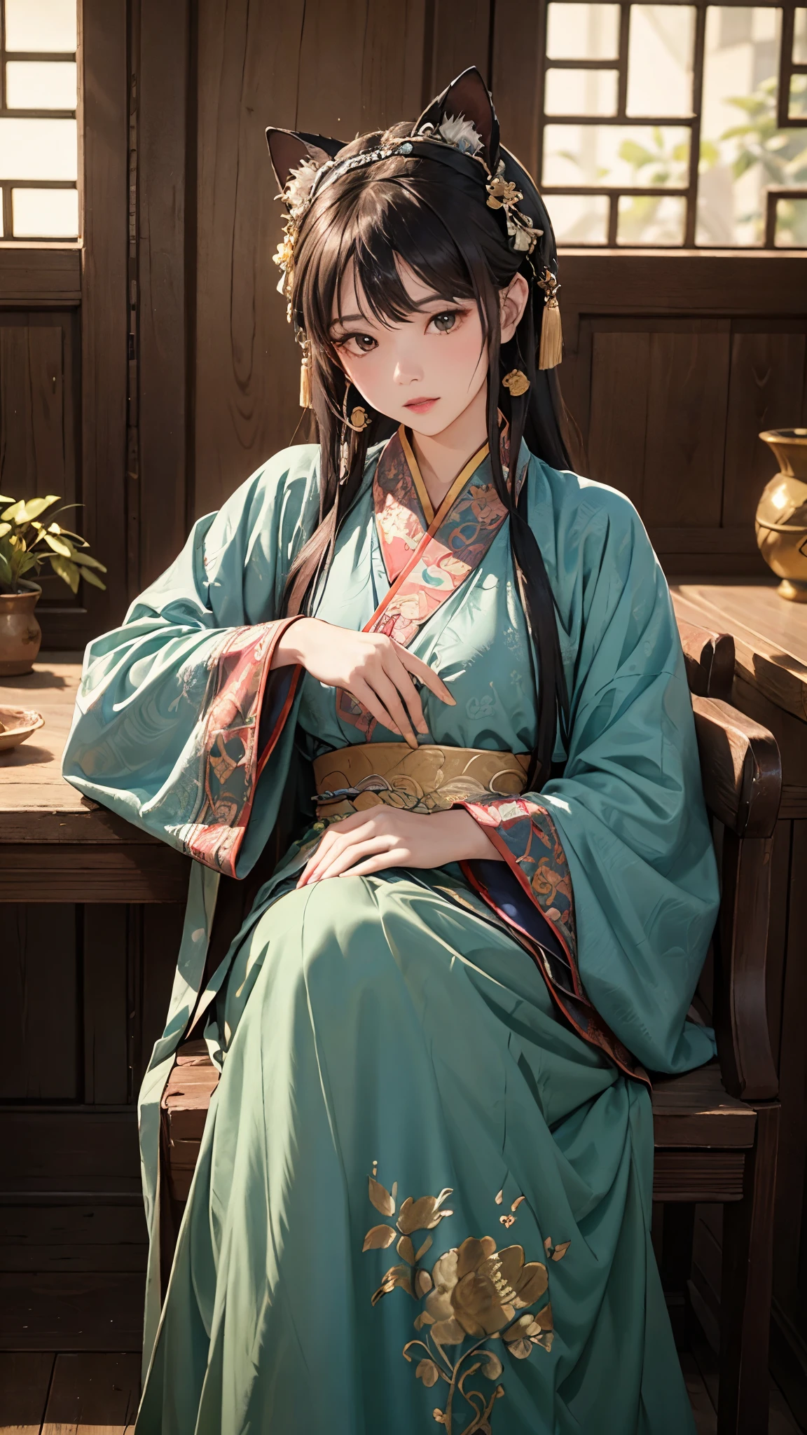 (high quality,4k,8k,highres,masterpiece:1.2),ultra-detailed,(realistic,photorealistic,photo-realistic:1.37),oil painting,"Cat Boyarynya","Cat Queen","Cat in an old Russian headdress","Headgear in the form of a comb","Cat in a kokoshnik",intricate embroidery,regal appearance,intense gaze,proud and noble posture,vibrant colors,beautifully adorned,fine fur texture,luxurious lighting, hanfu
ming style, tang style, song style, jin style, han style