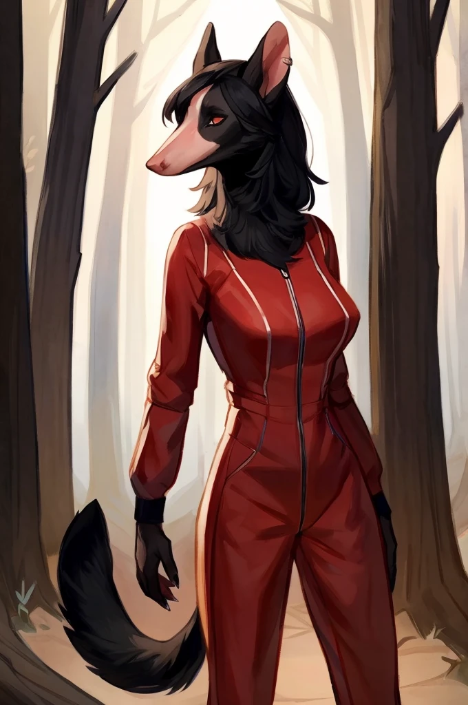 Solo, female, standing, Virginia oppossum, (black fur), by bebebebebe, forest road, ((snout, hair)), big breasts, small waist, weak, slim, skinny, red military spacesuit