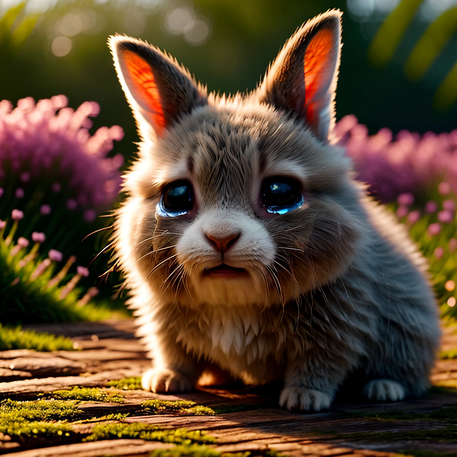 a crying small bunny,rabbit,cute furry animal,garden,green grass,moss-covered stones,sunlight streaming through trees,soft fur,teary eyes,pink nose,tiny paws,fluffy ears,emotional,expression,sadness,loneliness,melancholy,gentle,delicate,colorful flowers,sorrow,weeping rabbit,heartbreaking scene,misty atmosphere,vivid colors,lush environment,detailed features,best quality,ultra-detailed,realistic,emotive,artistic,soft pastel tones,warm lighting