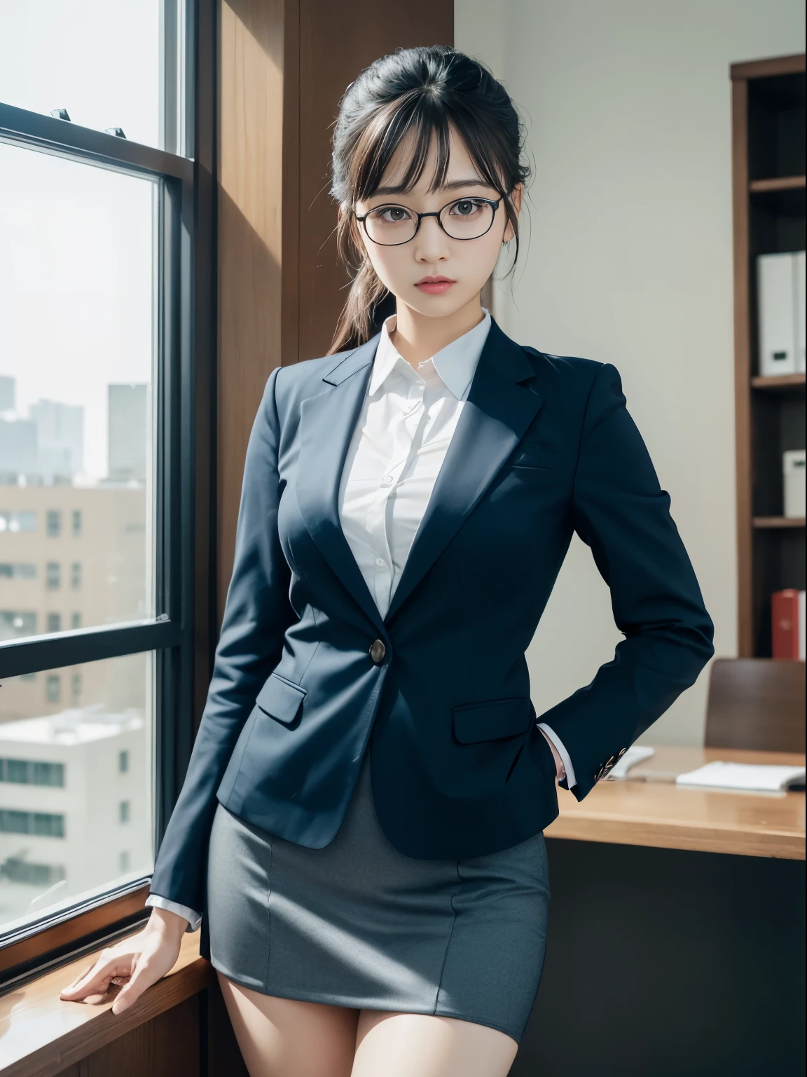 alone、solo、OL in her 20s in office uniform posing for a photo、victory、Tsundere、Single knot、OL、suit、blue mini skirt、anger、small、Glasses、slim girl model photo、physical:the smallest middle-aged man in history、female model、Japanese female fashion model、(8k、RAW photo、highest quality、masterpiece:1.2)、(real、photorealistic:1.37)、Super detailed、Ultra high definition、office Street、 standing position、whole body、((((SEXY)))
