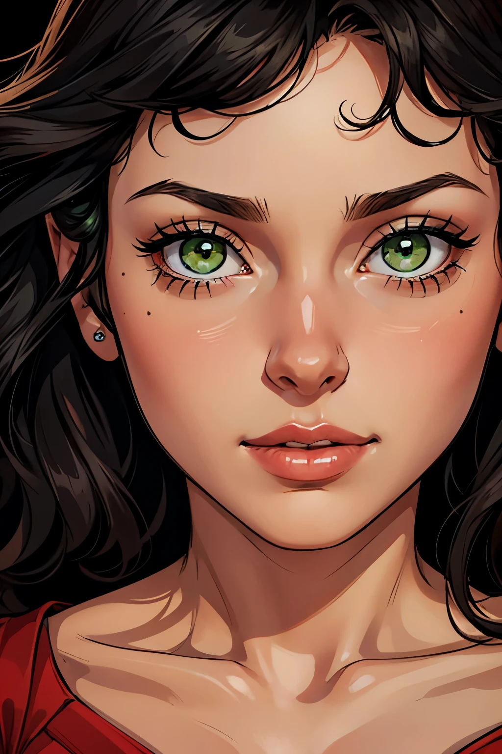 Mejor calidad, portrait, close up, Hi-Def, beatiful princess girl 22 years old, black curly fringe hair, Green eyes, princess red dress, slim, very detailed, 8k