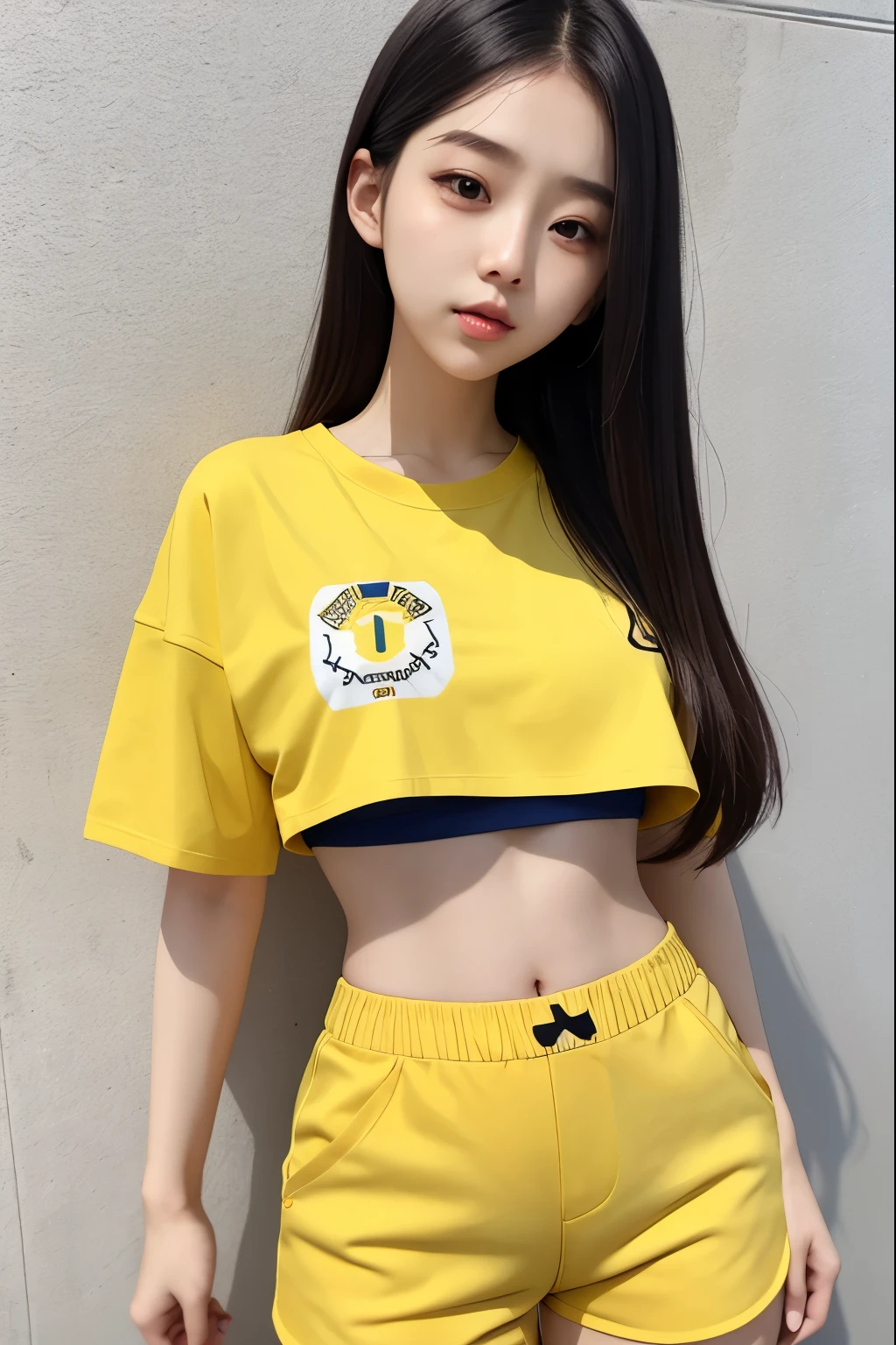 Beautiful, 1girl, korea, small breast, oversize crop tshirt, yellow shortpants