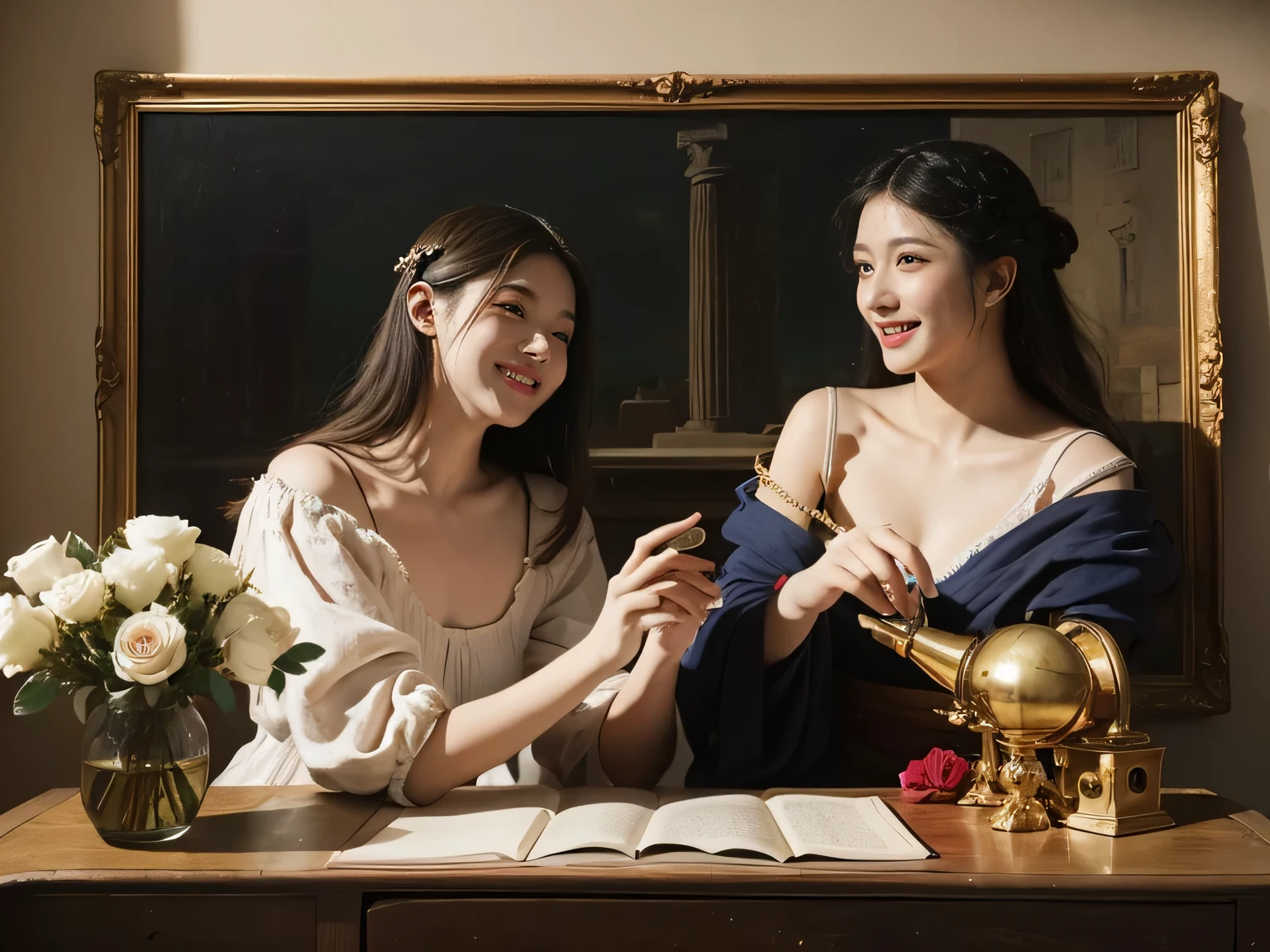 Giorgione painting style,Arguments of two female Philosophe,math、astronomical machine、astronaut、roses in vase、fruits、Cute trinkets、smile、ancient greek costume、Ancient Roman landscape in the style of Nicolas Poussin,laughter,,Sweet and seductive appearance.、Caravaggio's paintings、Chiaroscuro of Caravaggio、hair tousled by the wind,Two women frolicking,cute smile, expression of ecstasy,Sexy,erotic