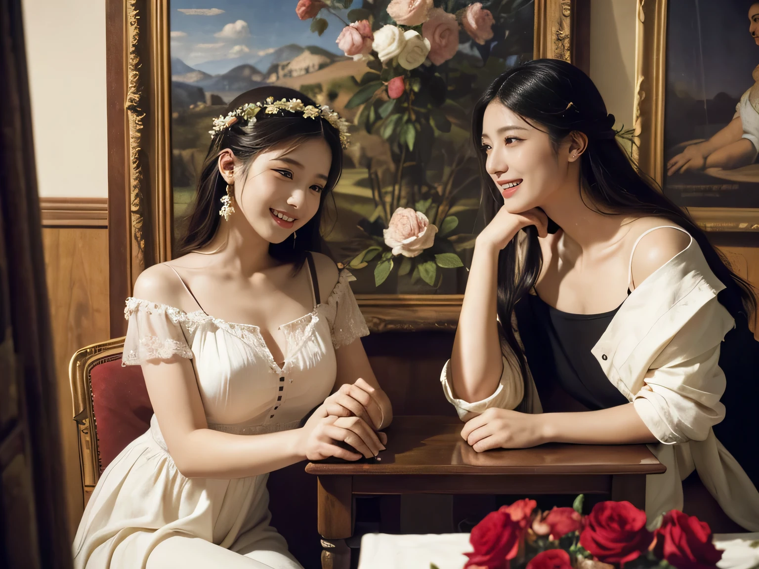Giorgione painting style,Arguments of two female Philosophe,math、astronomical machine、astronaut、roses in vase、fruits、Cute trinkets、smile、ancient greek costume、Ancient Roman landscape in the style of Nicolas Poussin,laughter,,Sweet and seductive appearance.、Caravaggio's paintings、Chiaroscuro of Caravaggio、hair tousled by the wind,Two women frolicking,cute smile, expression of ecstasy,Sexy,??????
