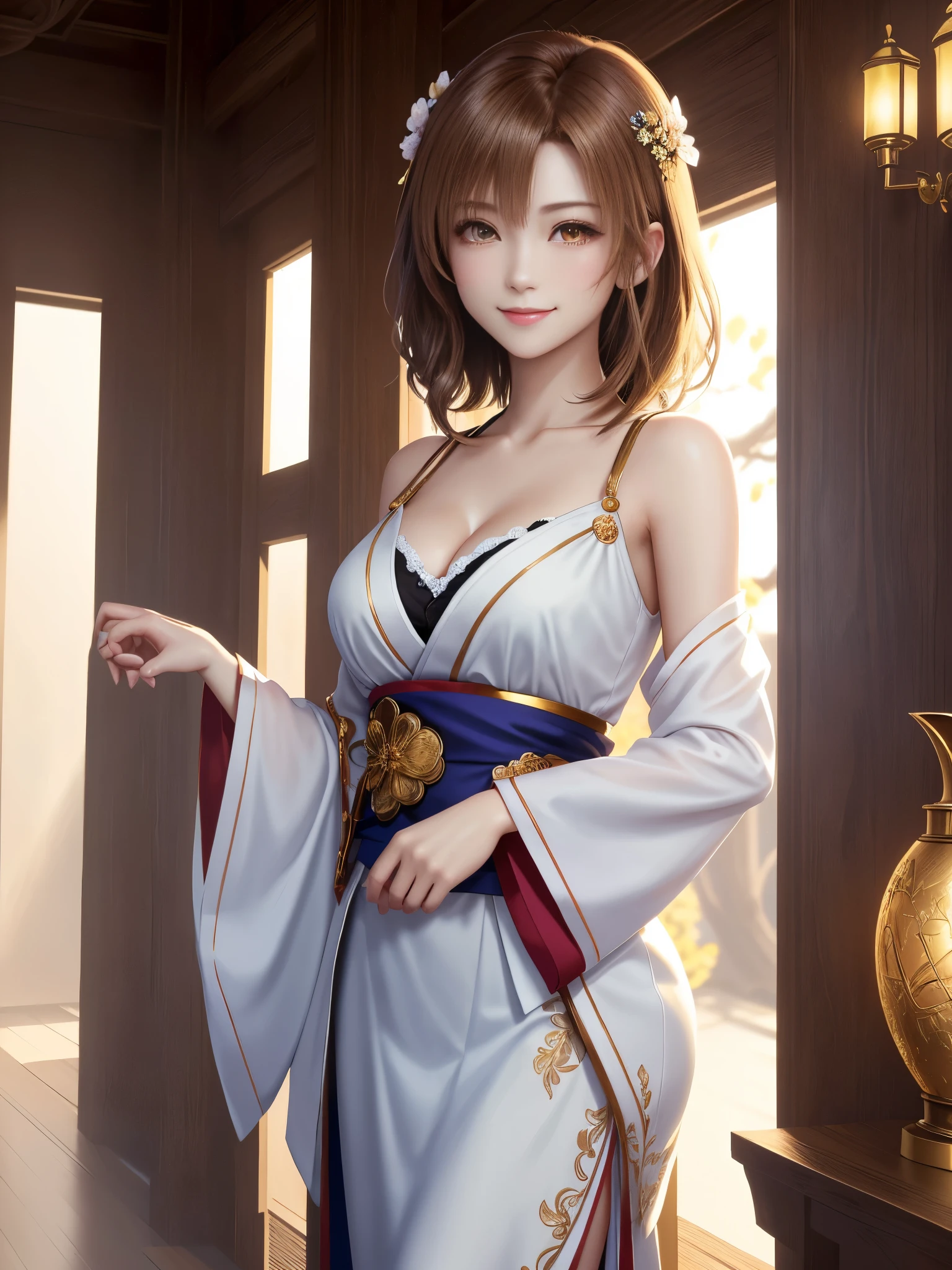 masterpiece , best quality,smile,smile,small face,shoulder exposure,golden kimono,less cleavage exposure,light brown hair,beautifully curled hair,slender body shape,brown eyes,Contrast faithfully reproduced,short hair,Beautiful short hair,Berry Short,short cut hair,just one person,precision quality,Faithfully reproduced eyes, The surroundings are shining gold,golden aura around the body,golden shining background,masterpiece,night,nightの背景,golden background,cherry blossom background,beautiful details, colorful, delicate details, delicate lips, intricate details, genuine, ultrargenuineista, 枝に座っている色とりどりの髪のFoxを持つ女の子:Mature, bright eyes, ,色とりどりのFox, raposa de nine tails, 三尾Fox, 三尾Fox, onmyoji detail art, beautiful fine art illustration, mythical creatures, Fox, beautiful digital art,shrine maiden,hold hands,exquisite digital illustration, mizutsune, Inspired by mythical wild web creatures, pixiv in digital art, shining light, high contrast, Mysterious,