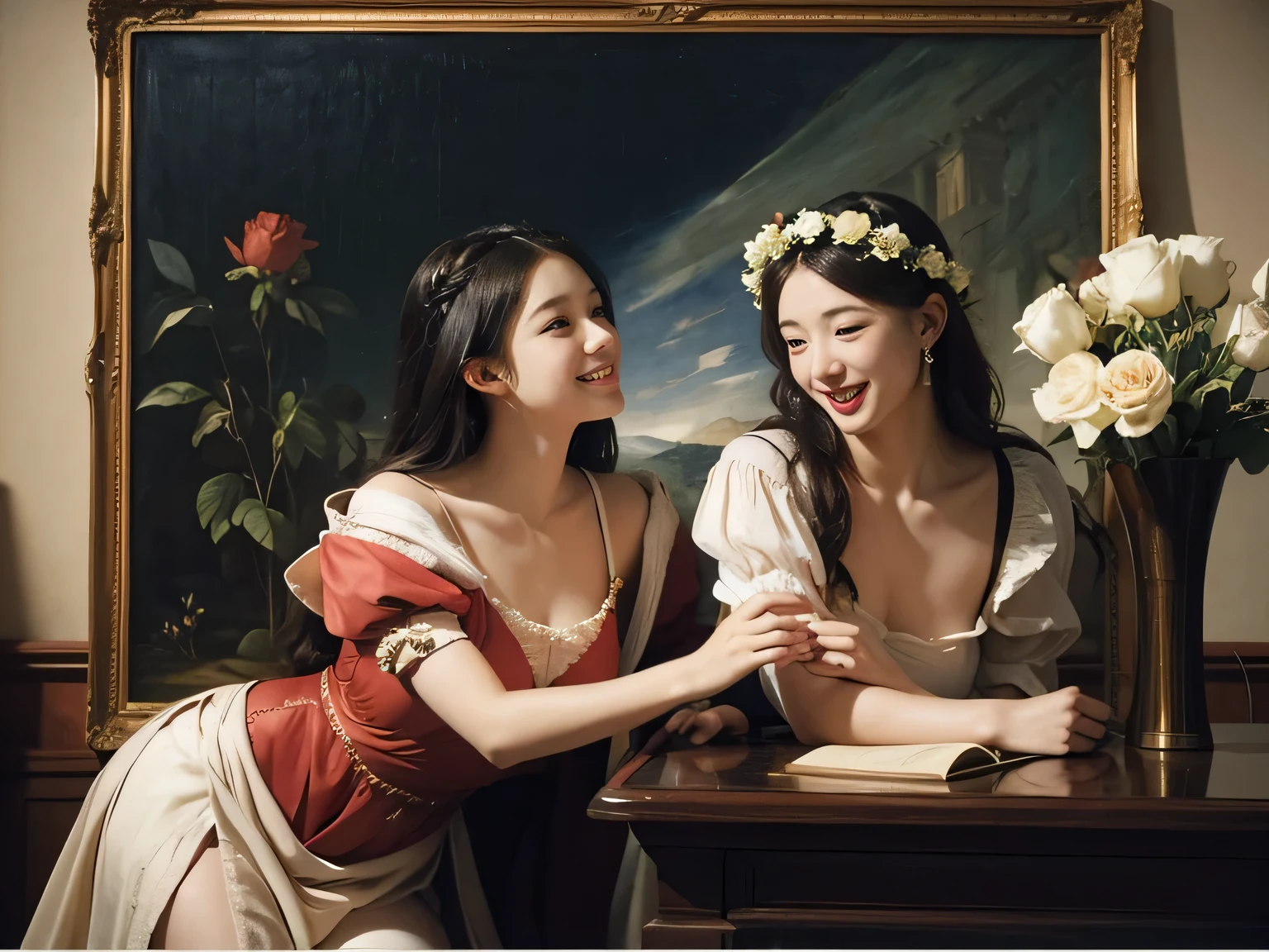 Giorgione painting style,Arguments of two female Philosophe,math、astronomical machine、astronaut、roses in vase、fruits、Cute trinkets、smile、ancient greek costume、Ancient Roman landscape in the style of Nicolas Poussin,laughter,,Sweet and seductive appearance.、Caravaggio's paintings、Chiaroscuro of Caravaggio、hair tousled by the wind,Two women frolicking,cute smile, expression of ecstasy,Sexy,erotic