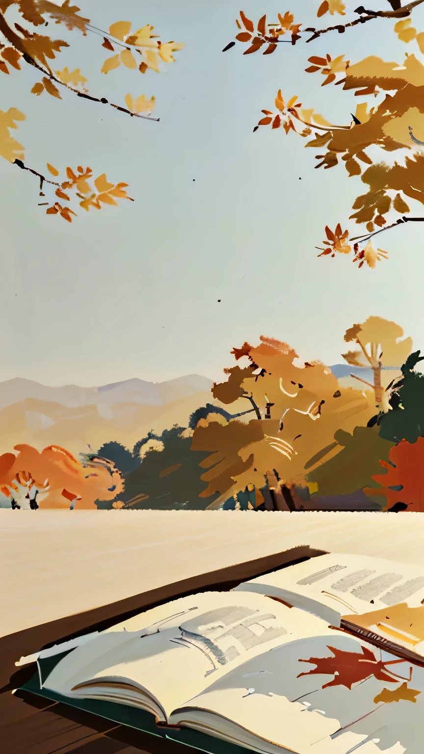 (Maple leaves fall on the book),close up,close shot,There is an open book,Sunlight,(Minimalism,simple,Succinct),no one--v6,Hand drawn illustration,wallpaper,light and shadow,flat illustration, Inspired by Wu Guanzhong, Official illustration
