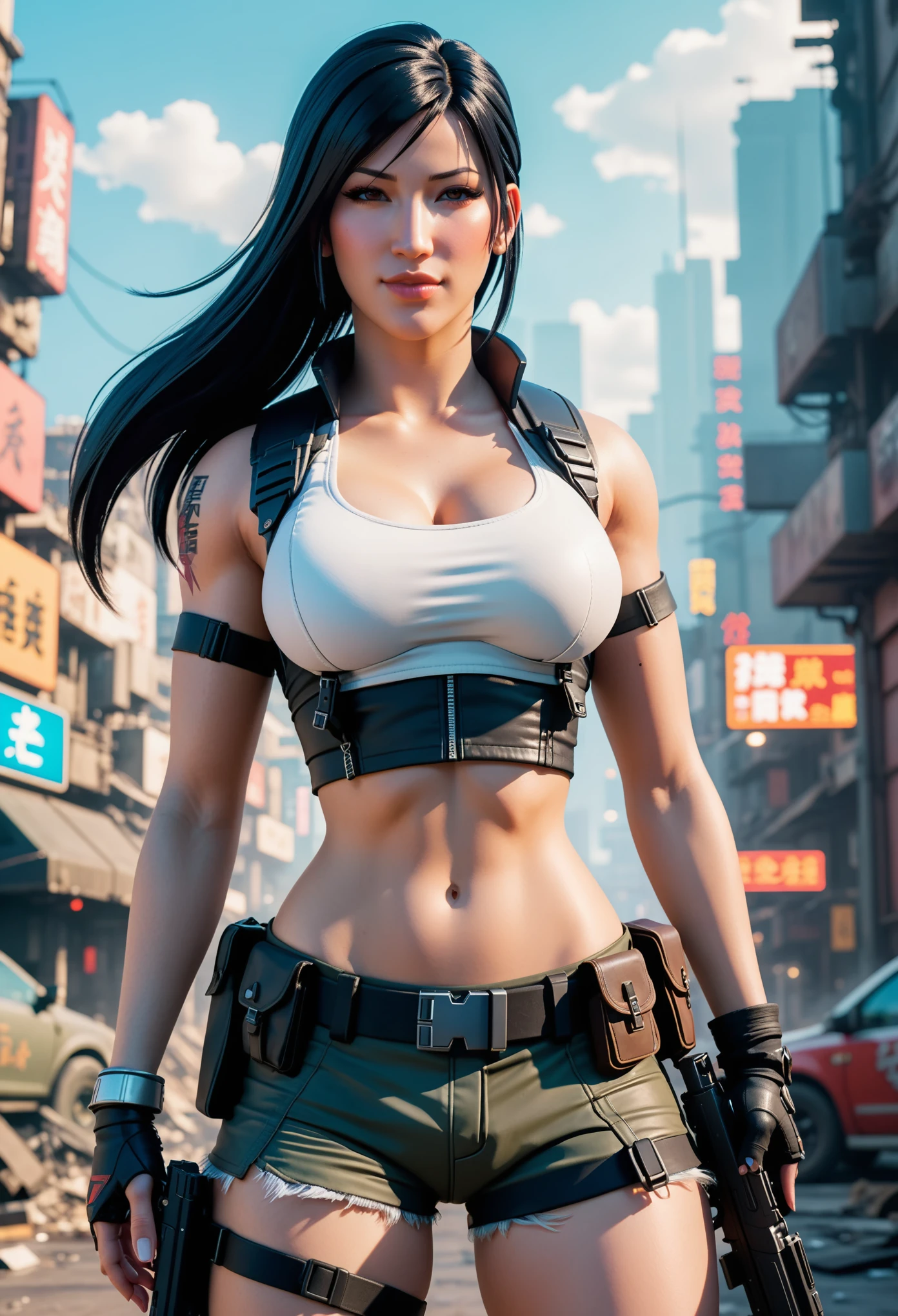 torso shot, facing front, best quality, masterpiece, cyberpunk female Tifa as 1girl, (solo:1.3), ultra detailed,detailed face, 8k wallpaper, platinum white hair in side cut fashion, wide , smile, military female soldier with gear of war, city background, smoke and rubbles, by  james gilleard, by joe fenton, by kaethe butcher