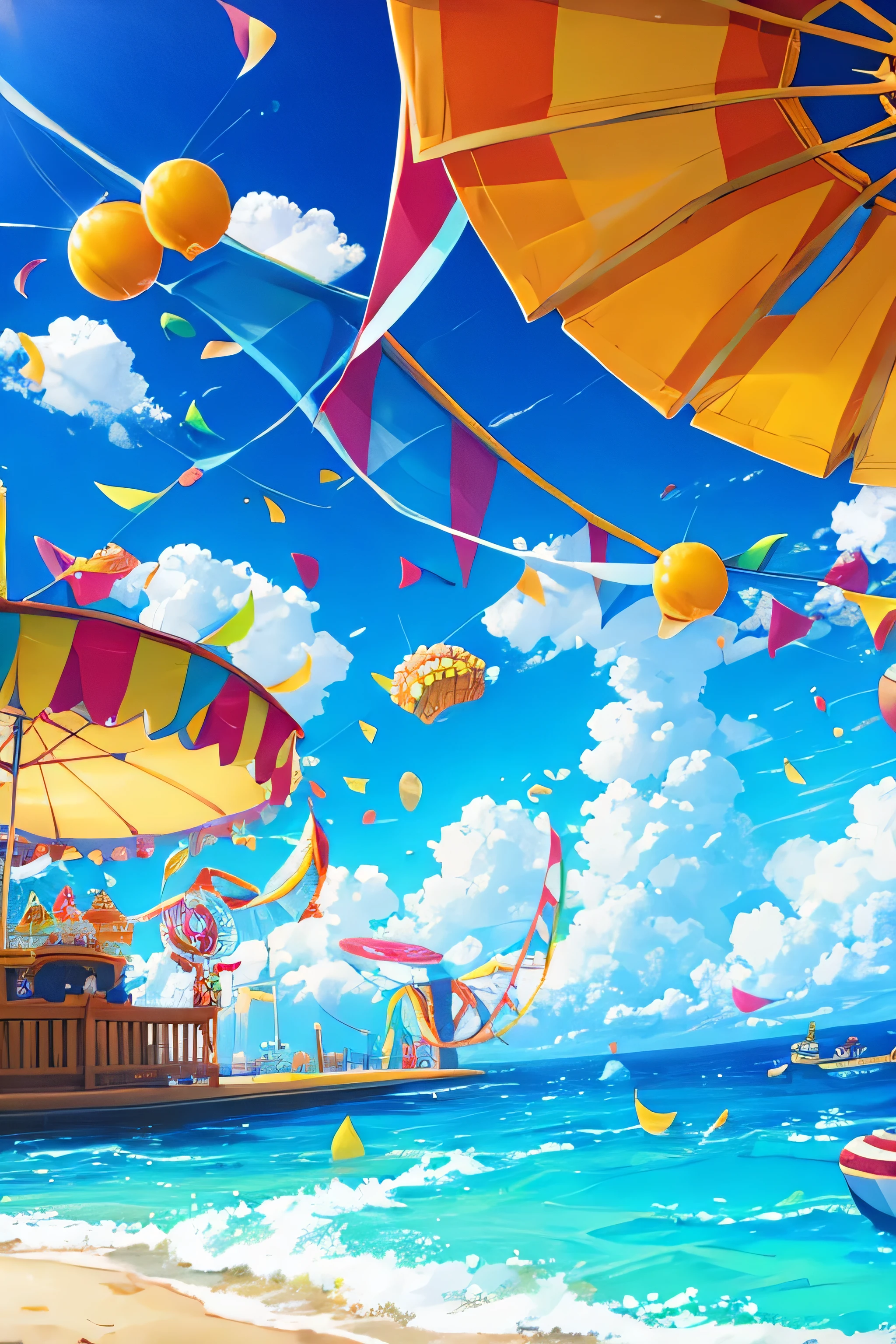 a carnival in the bright sunshine with blue skys, vibrant colors and bananas