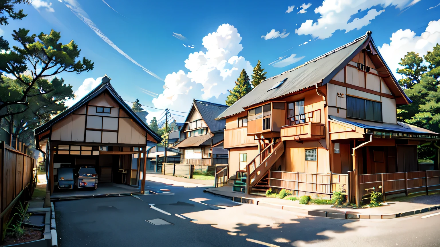 (Japanese city landscape), (Hayao Miyazaki style), Cartoon, Japanese townhouse, (Rarely home), road, He twists, small house, tree, nothing, white cloud, Tranquil landscapes, outside, green trees, Epic composition, Realistic lighting, High definition details, Masterpiece, Best quality, (Highly detailed 8K uniform CG background), --Version 6