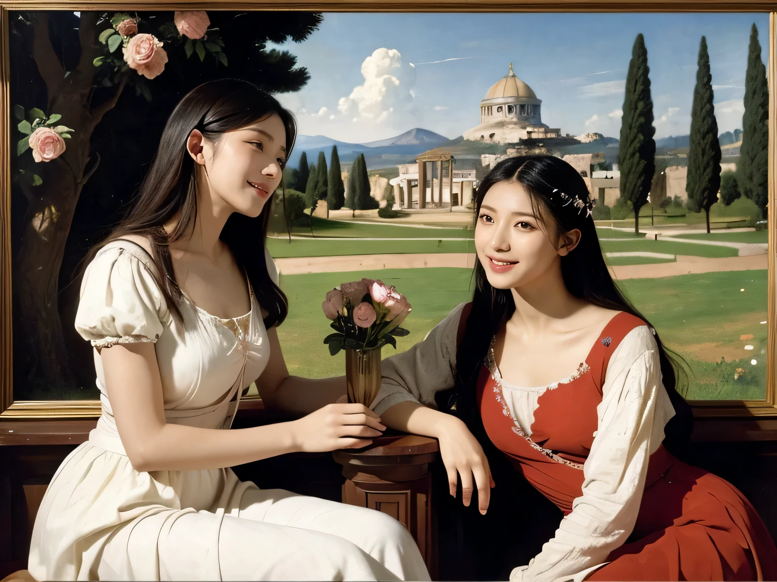 Giorgione painting style,Arguments of two female Philosophe,math、astronomical machine、astronaut、roses in vase、fruits、Cute trinkets、smile、ancient greek costume、Ancient Roman landscape in the style of Nicolas Poussin,laughter,,Sweet and seductive appearance.、Caravaggio's paintings、Chiaroscuro of Caravaggio、hair tousled by the wind,Two women frolicking,cute smile, expression of ecstasy,Sexy,erotic
