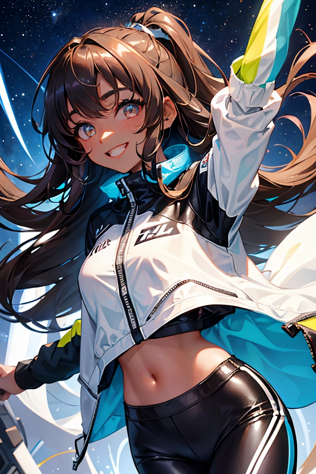 1girl, brown hair, silver eyes, dark skin, black racing jacket, white crop top, glowing eyes, smiling, long flowing hair, stars