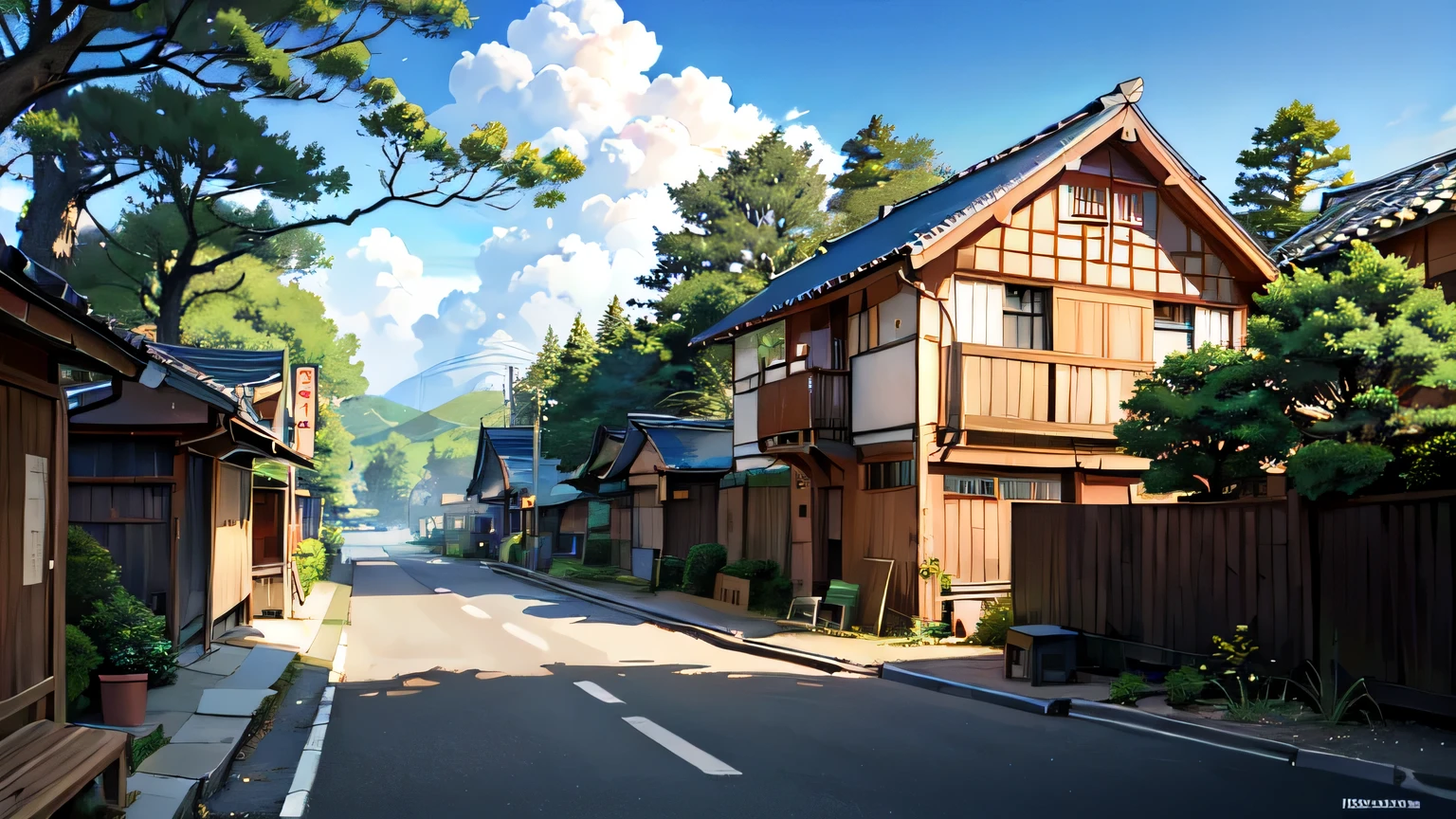 (Japanese city landscape), (Hayao Miyazaki style), Cartoon, Japanese townhouse, (Rarely home), road, He twists, small house, tree, nothing, white cloud, Tranquil landscapes, outside, green trees, Epic composition, Realistic lighting, High definition details, Masterpiece, Best quality, (Highly detailed 8K uniform CG background), --Version 6