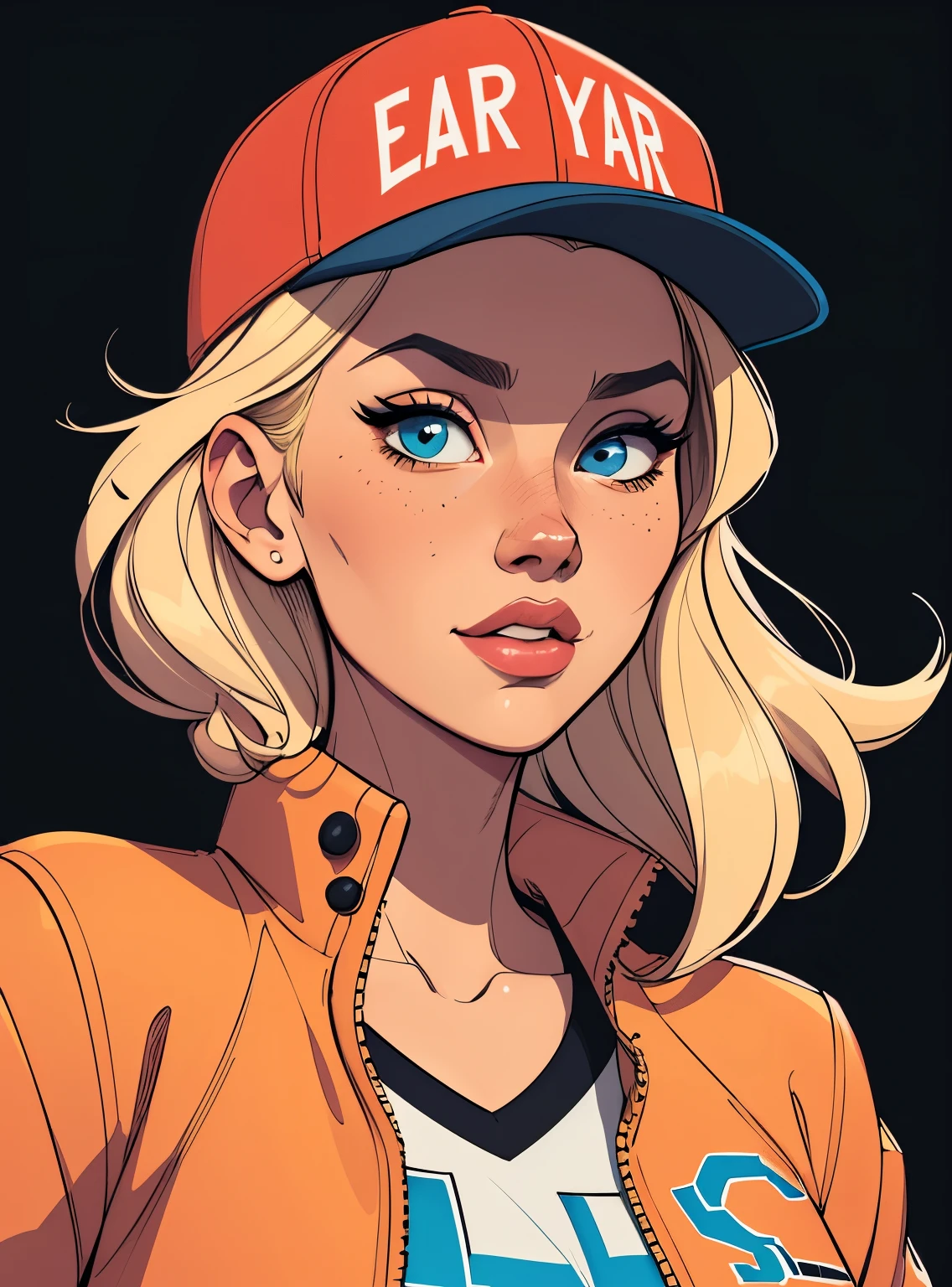 (cartoon style:1.2), Cartoon image of a woman with blonde hair, hip hop cap and street clothing, sport jacket , Super cute funky girl, Cartoon style illustration, Cartoon Art Style, Cartoon Art Style, Digital illustration style, Highly detailed character design, cute detailed digital art, City Girl Fan Art, Portrait Character Design, beautiful digital illustration, high quality portrait, Comic art, Character Design Portrait, black background