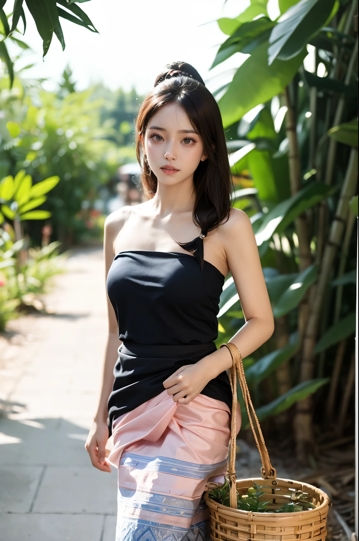 (masterpiece, best quality:1.2),1girl, bag, bamboo, bare shoulders, basket, black hair, blurry, blurry background, blurry foreground, breasts, brown eyes, day, depth of field,Chinese Dai ethnic clothing,Diagonal draped light gauze skirt, strapless dress,Dai ethnic skirt, hair ornament,Hands akimbo, handbag, holding basket, lips, long hair, looking at viewer, motion blur, nature, outdoors, plant, solo, standing