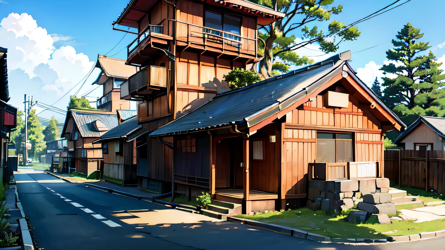 (Japanese city landscape), (Hayao Miyazaki style), Cartoon, Japanese townhouse, (Rarely home), road, He twists, small house, tree, nothing, white cloud, Tranquil landscapes, outside, green trees, Epic composition, Realistic lighting, High definition details, Masterpiece, Best quality, (Highly detailed 8K uniform CG background), --Version 6
