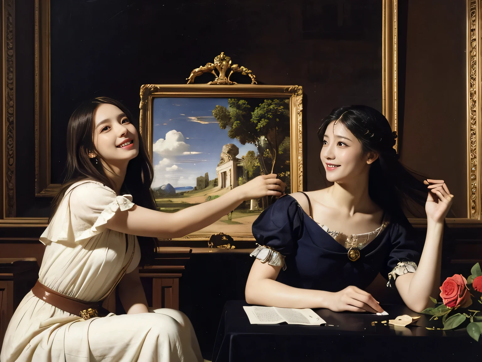 Giorgione painting style,Arguments of two female Philosophe,math、astronomical machine、astronaut、roses in vase、fruits、Cute trinkets、smile、ancient greek costume、Ancient Roman landscape in the style of Nicolas Poussin,laughter,,Sweet and seductive appearance.、Caravaggio's paintings、Chiaroscuro of Caravaggio、hair tousled by the wind,Two women frolicking,cute smile, expression of ecstasy,Sexy,erotic