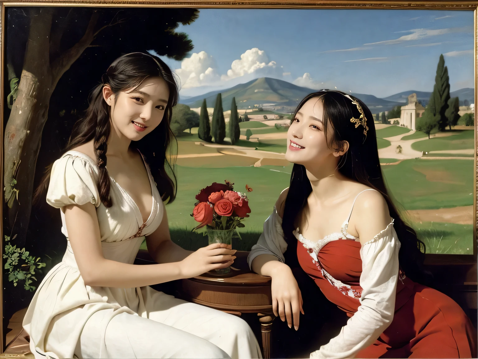 Giorgione painting style,Arguments of two female Philosophe,math、astronomical machine、astronaut、roses in vase、fruits、Cute trinkets、smile、ancient greek costume、Ancient Roman landscape in the style of Nicolas Poussin,laughter,,Sweet and seductive appearance.、Caravaggio's paintings、Chiaroscuro of Caravaggio、hair tousled by the wind,Two women frolicking,cute smile, expression of ecstasy,Sexy,erotic