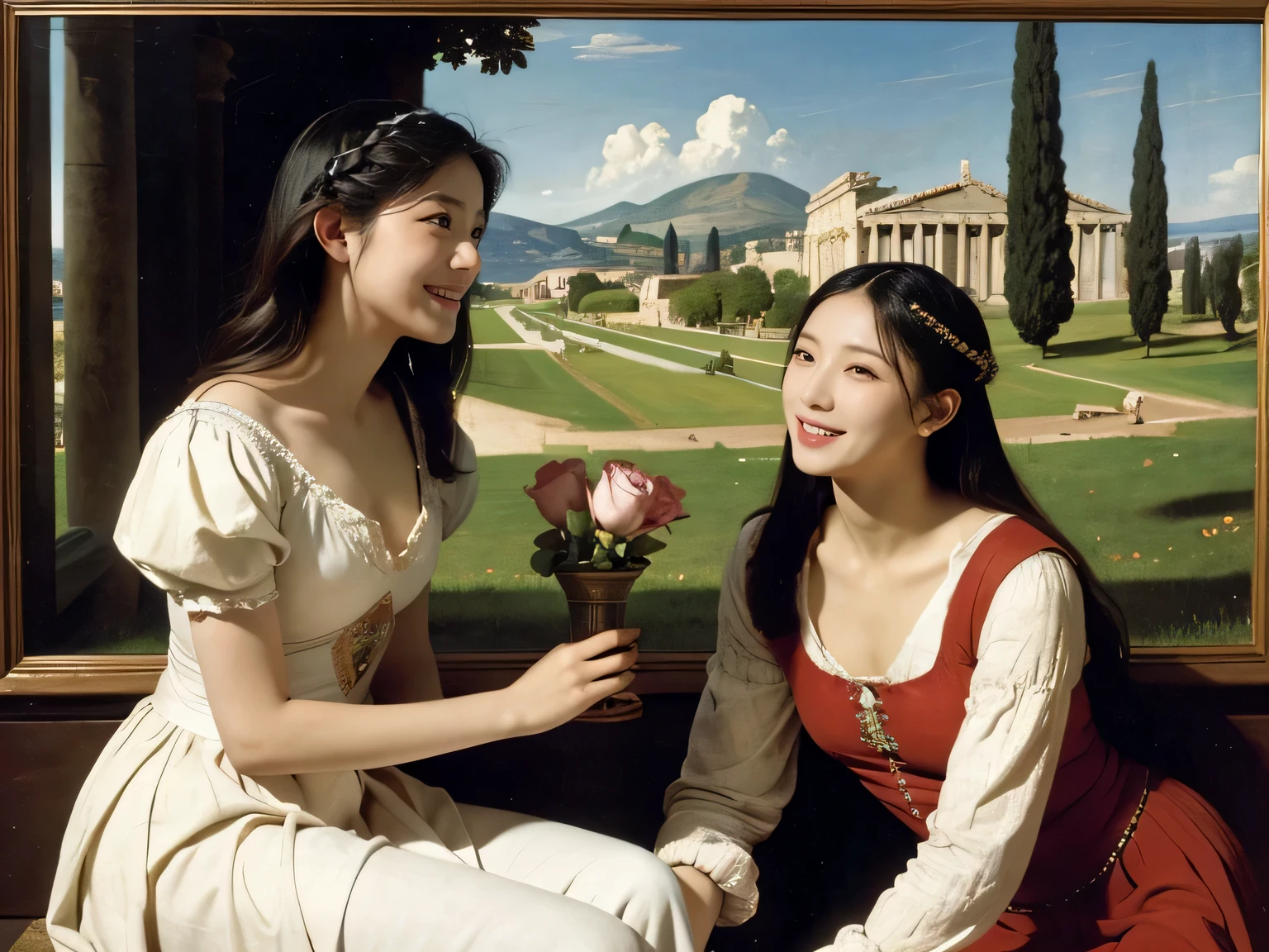 Giorgione painting style,Arguments of two female Philosophe,math、astronomical machine、astronaut、roses in vase、fruits、Cute trinkets、smile、ancient greek costume、Ancient Roman landscape in the style of Nicolas Poussin,laughter,,Sweet and seductive appearance.、Caravaggio's paintings、Chiaroscuro of Caravaggio、hair tousled by the wind,Two women frolicking,cute smile, expression of ecstasy,Sexy,erotic