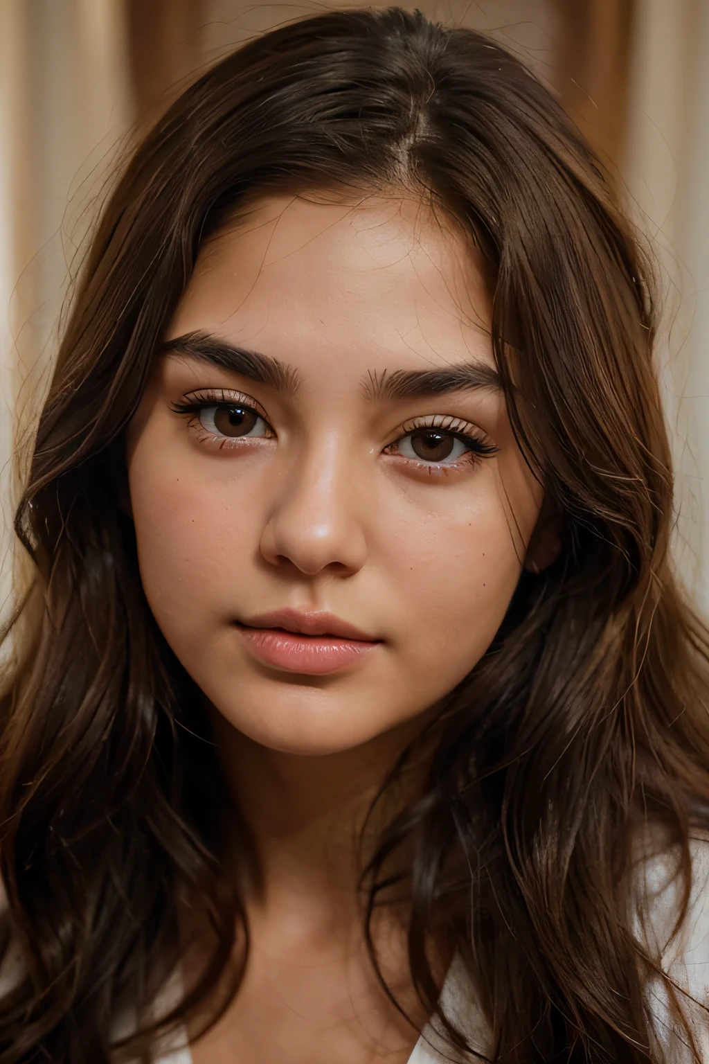 Photorealistic, brunette, medium length hair, natural natural beauty, plump lips, miniature nose, Brown eyes, Thick eyebrows, pronounced cheekbones, young, gentle, Cute, God, sunken cheeks, mixed Bashkir and Russian 