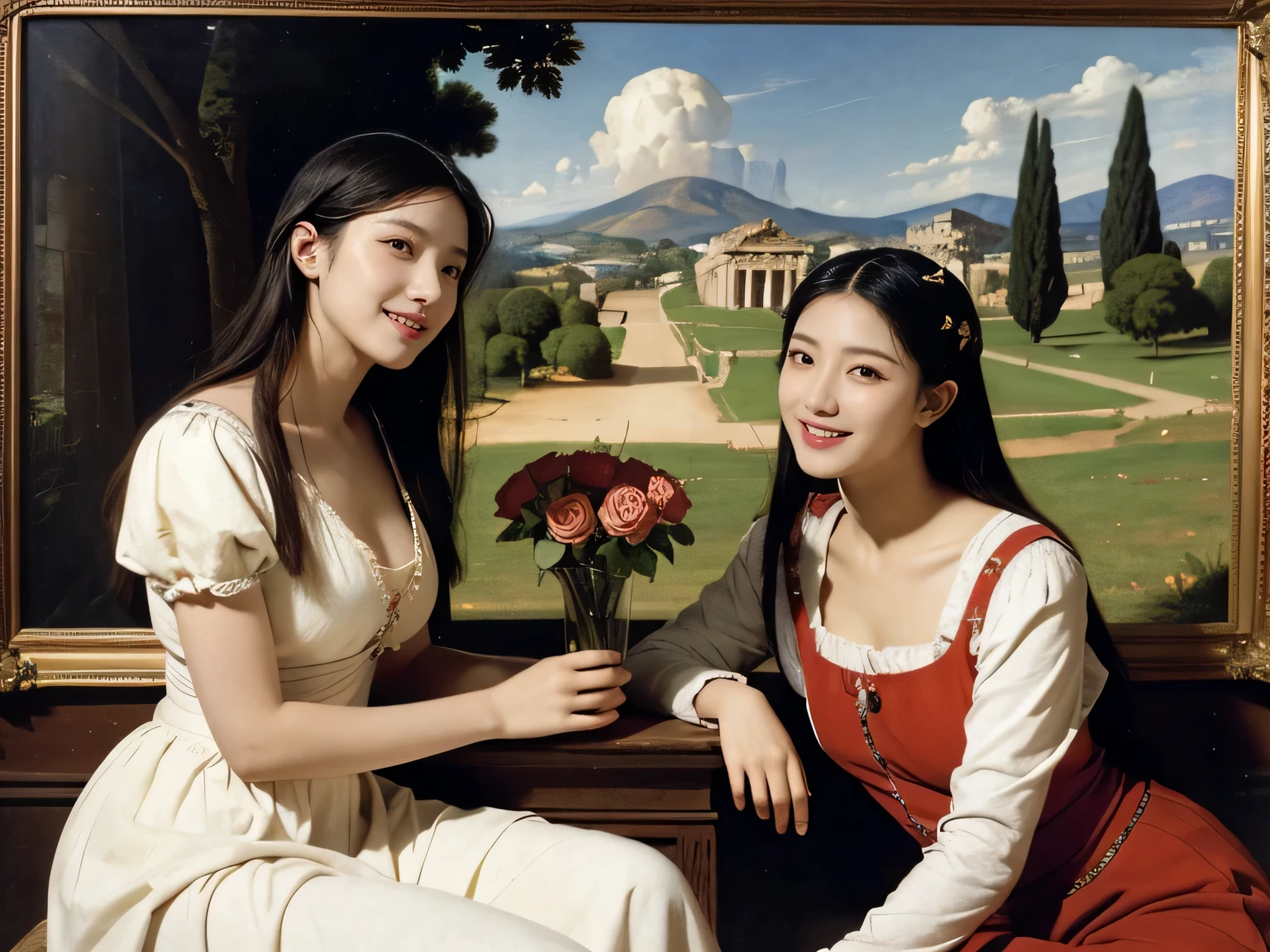 Giorgione painting style,Arguments of two female Philosophe,math、astronomical machine、astronaut、roses in vase、fruits、Cute trinkets、smile、ancient greek costume、Ancient Roman landscape in the style of Nicolas Poussin,laughter,,Sweet and seductive appearance.、Caravaggio's paintings、Chiaroscuro of Caravaggio、hair tousled by the wind,Two women frolicking,cute smile, expression of ecstasy,Sexy,erotic