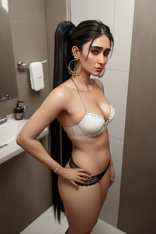 Realistic full body shot of a 26-year-old woman, asymmetrical face of Kareena Kapoor, ((Detailed face:1.2)), ((extraordinarily detailed facial features with a noticeable left cheekbone dip and left eyebrow arch), wearing a white bra and , ((ear stud earring:1.1)), black messy hair, ((Standing in a bathroom:1.3), (looking over her shoulder:1.2)), ((large derriere:1.3)), expression of shock, ((Dim lights:1.2)), ((unreal engine rendering:1.15)), 16:9 aspect ratio, ((ultra-realistic:1