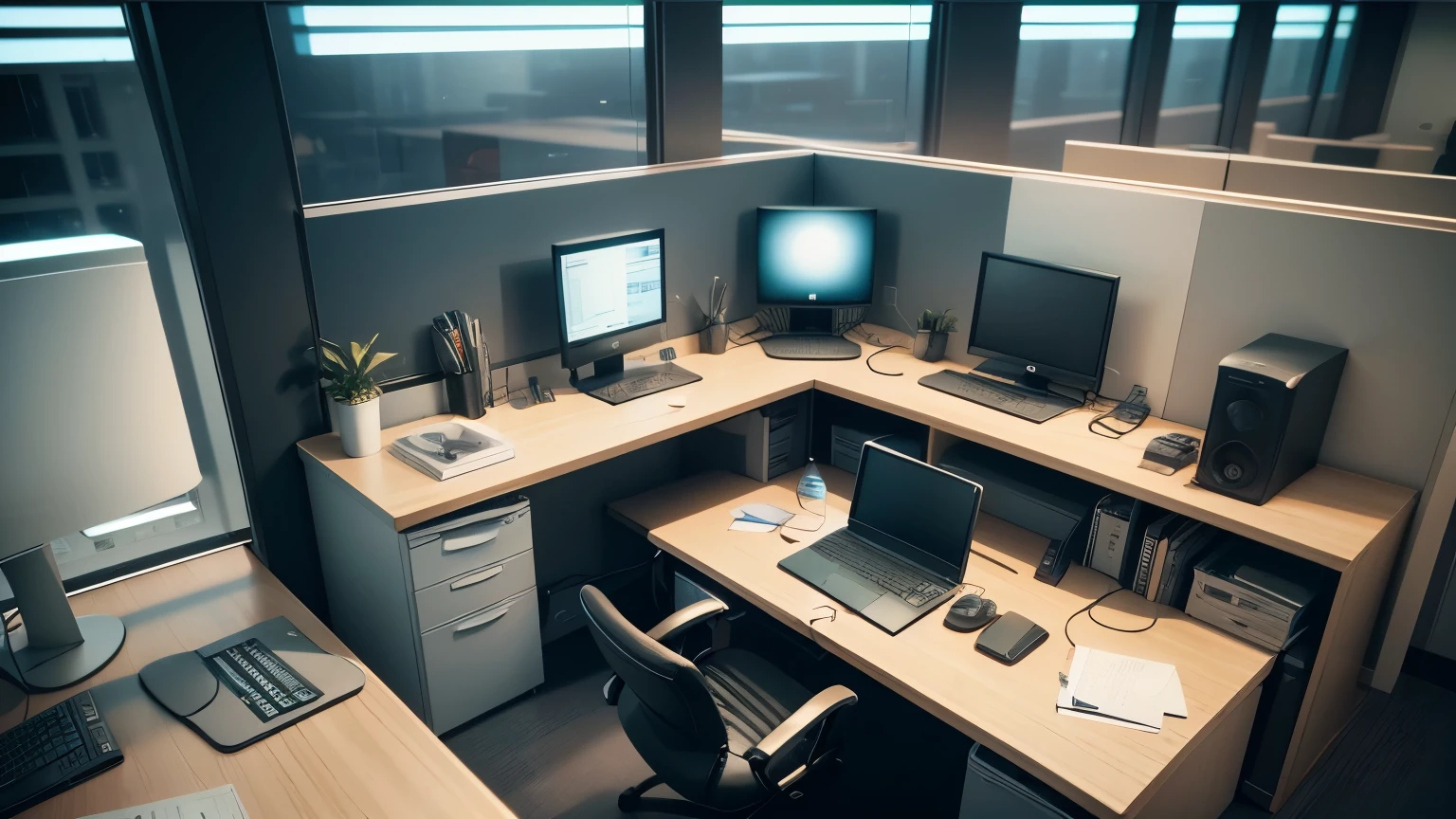 office room, computer science, computer that open code, desk, scifi, no character