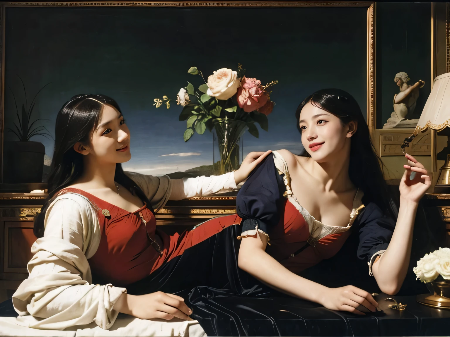 Giorgione painting style,Arguments of two female Philosophe,math、astronomical machine、astronaut、roses in vase、fruits、Cute trinkets、smile、ancient greek costume、Ancient Roman landscape in the style of Nicolas Poussin,laughter,,Sweet and seductive appearance.、Caravaggio's paintings、Chiaroscuro of Caravaggio、hair tousled by the wind,Two women frolicking,cute smile, expression of ecstasy,Sexy,erotic