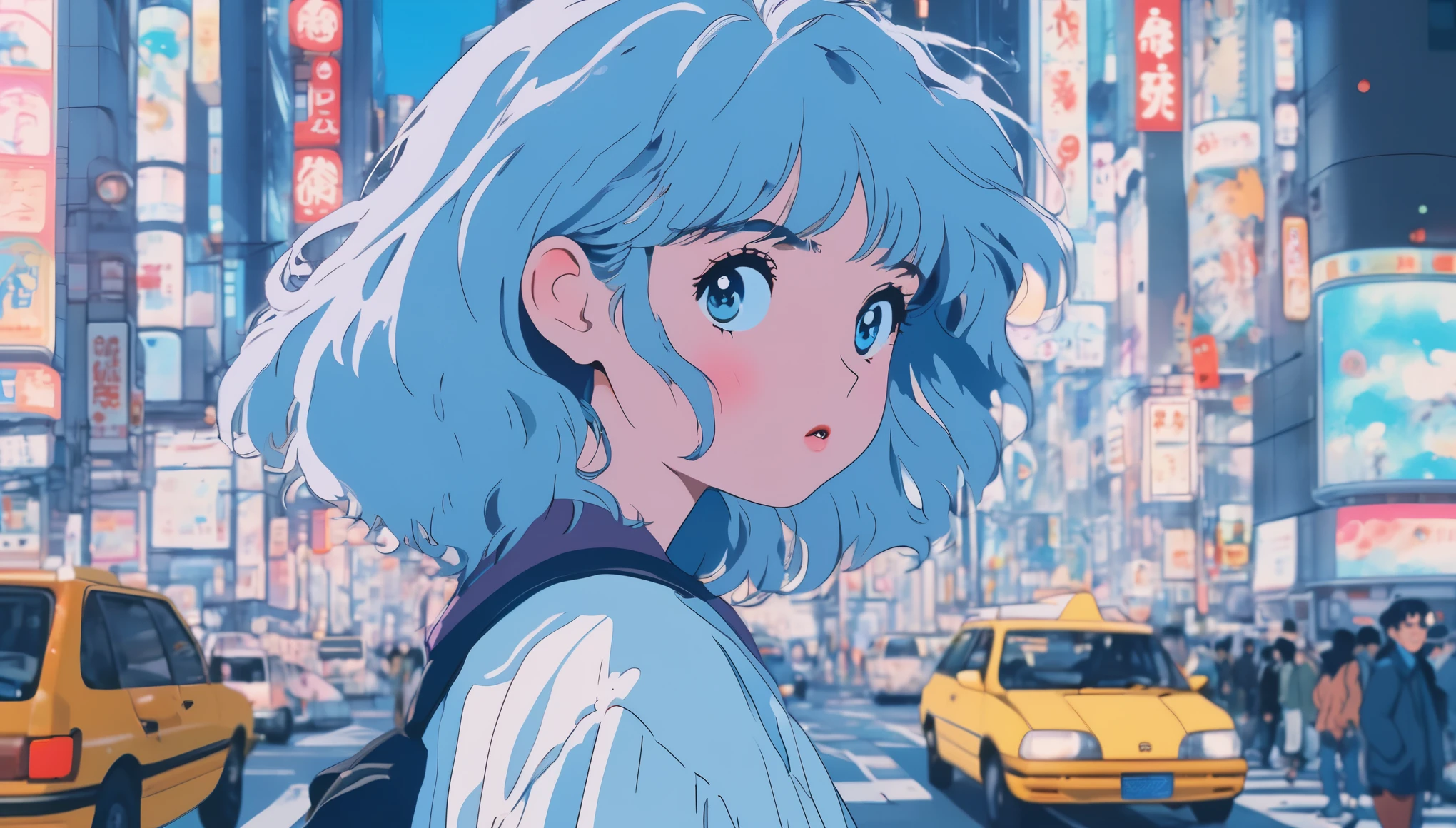 Lo-Fi art style, pastel colors, 80s anime, Ghibli movies, Lo-Fi hip-hop, Shibuya intersection, girl with blue hair standing alone, cute face with blue eyes, traffic light, nostalgic atmosphere, eye line, high definition, high image quality, 4K, 8K