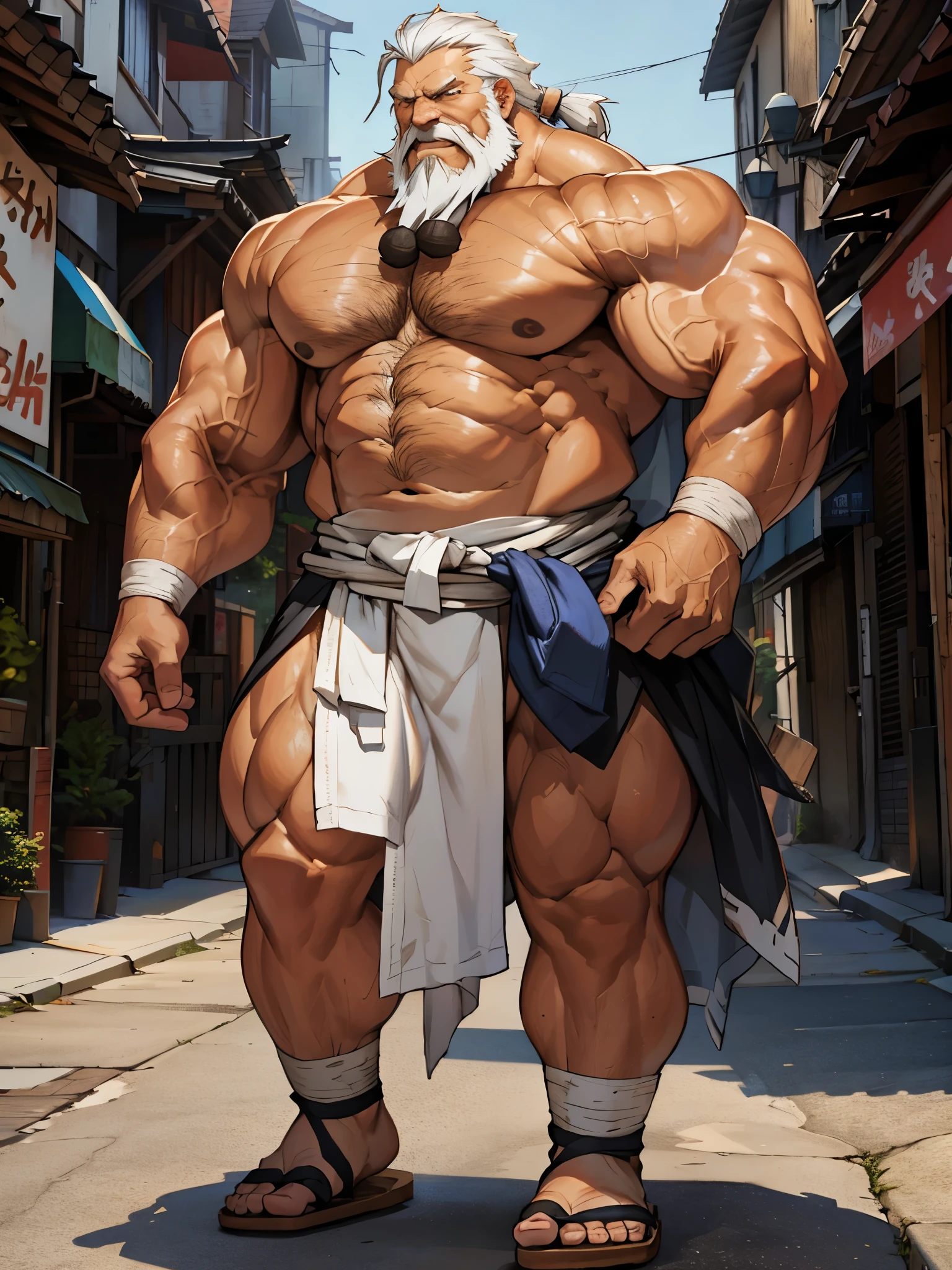 Solo, male focus, 1boy. Huge muscular old man in nigh street city, absurdly muscular, absurdly muscle size, photography, half body, flare lights, bur background, old man, thick arm, huge arm, bearded. White hair and long beard, bearded, muscular, pectoral, wide pectoral, large pectoral, realistic, 8k, masterpiece, (wearing white fundoshi, and shirtless, topless, geta, wooden sandals)