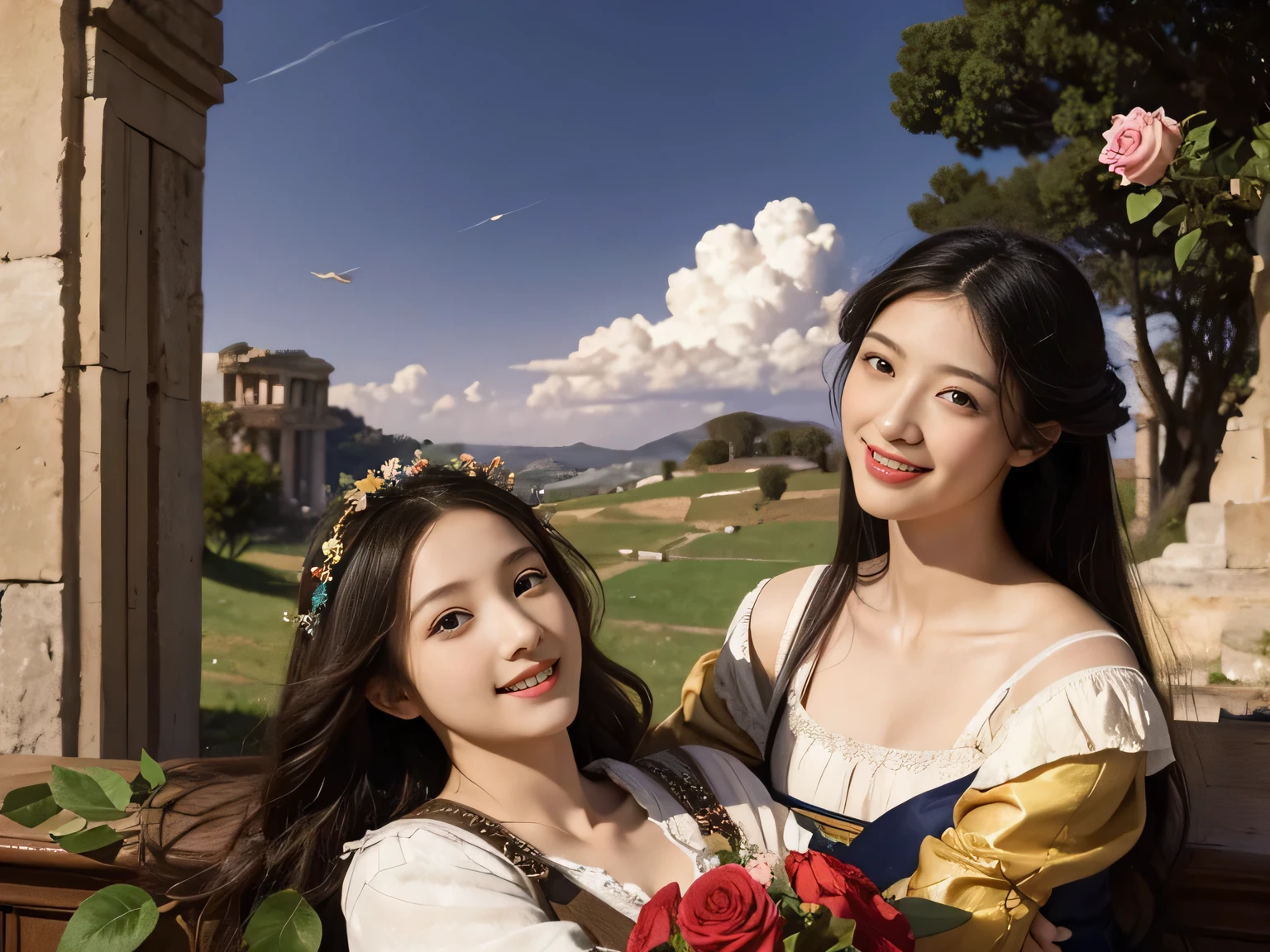 Giorgione painting style,Arguments of two female Philosophe,math、astronomical machine、astronaut、roses in vase、fruits、Cute trinkets、smile、ancient greek costume、Ancient Roman landscape in the style of Nicolas Poussin,laughter,,Sweet and seductive appearance.、Caravaggio's paintings、Chiaroscuro of Caravaggio、hair tousled by the wind,Two women frolicking,cute smile, expression of ecstasy,Sexy,erotic