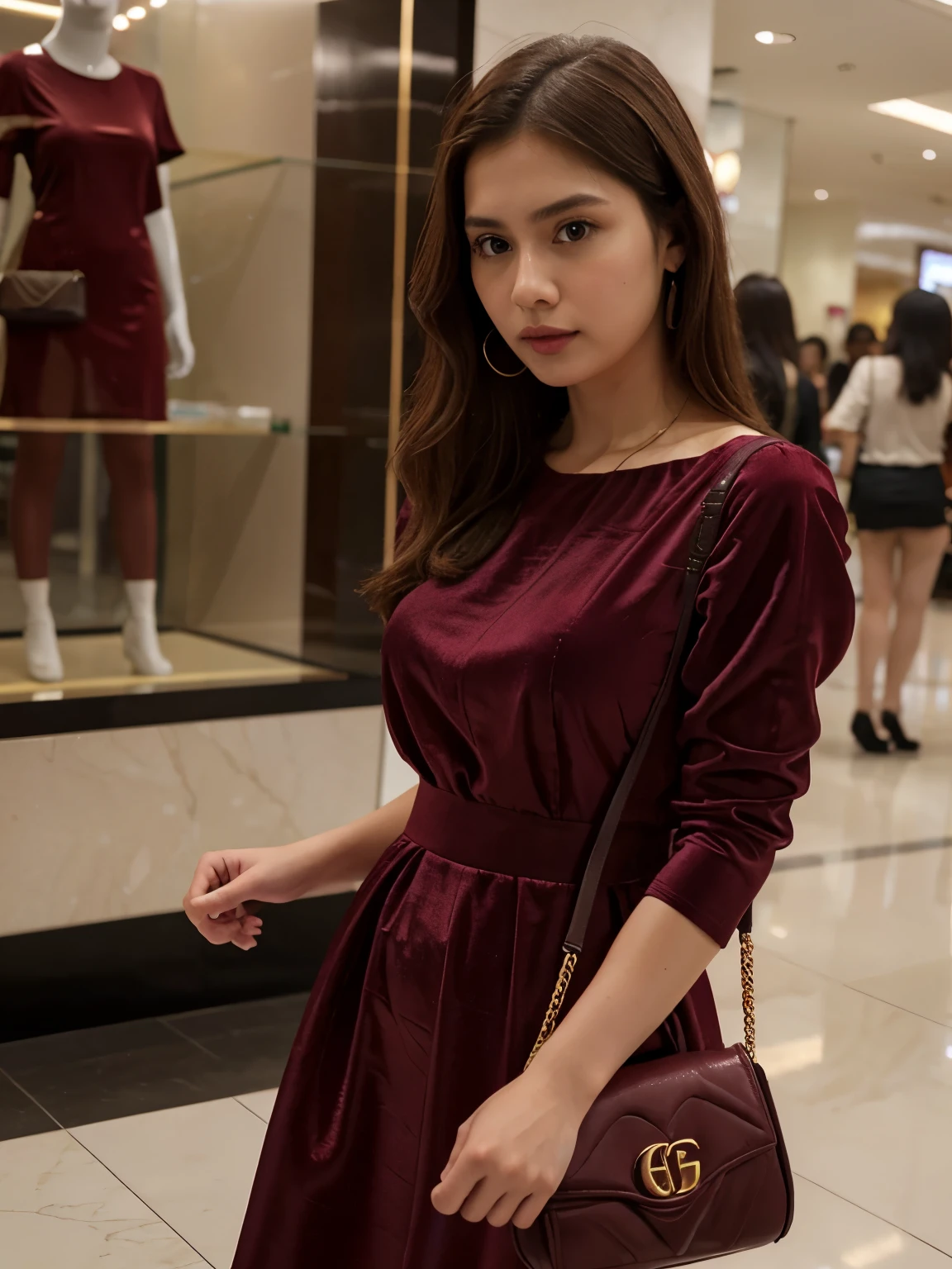 extremely high quality, realismo, maroon dress at mall in Kuala Lumpur left hand holding her gucci bag --hyper realistic --hyper detailed --photorealistic blurry background