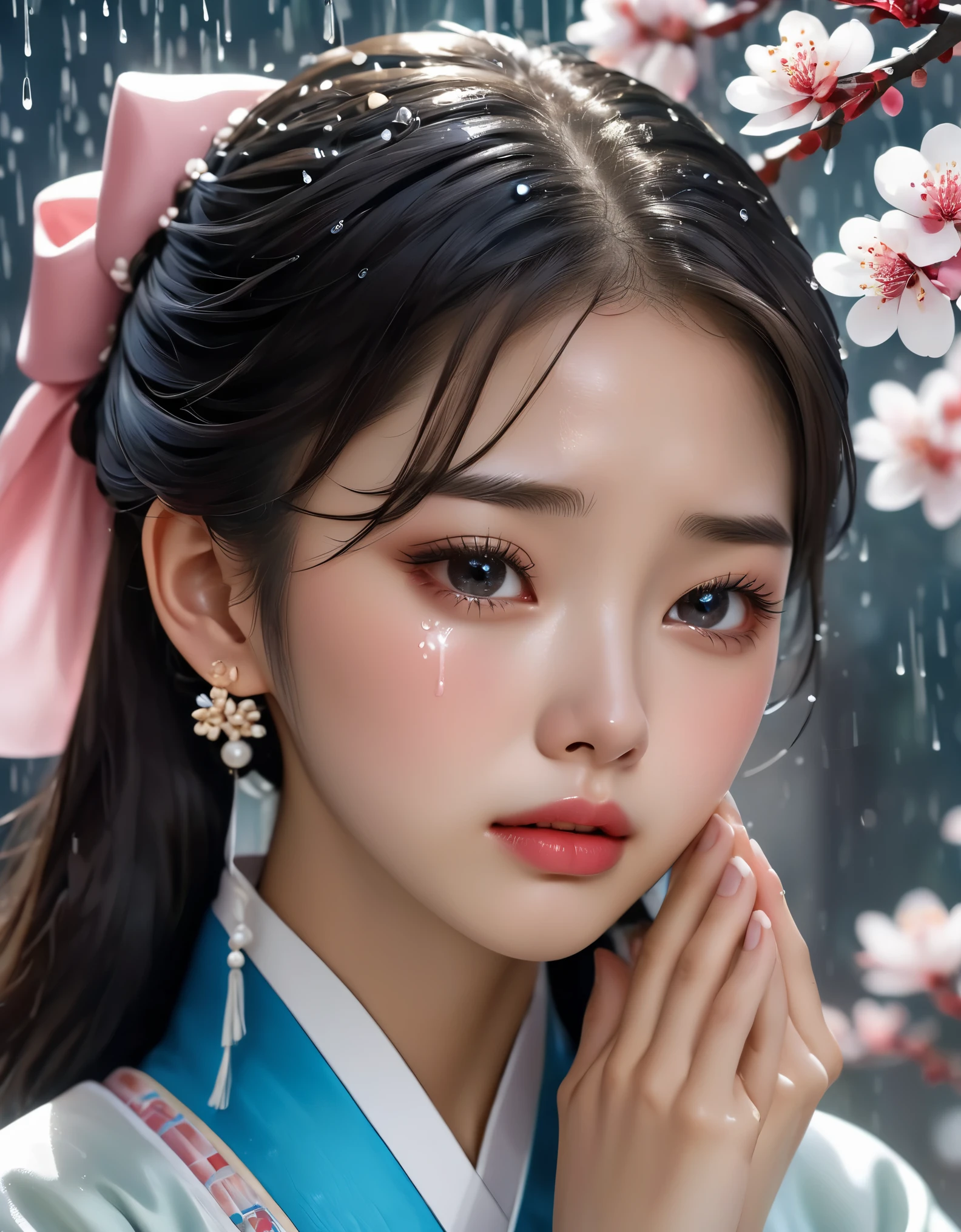 （Beautiful face of crying Chinese girl covering her face with handkerchief）, （With many, many tears in her eyes：1.3），（watery eyes）（bowed slightly），（Cover your face with your hands and cry），Pearl ear-rings, long eyelashes and pink lips, face close-up, clean face, round chin, blue eyes, Blue embroidered hanbok, Pear blossoms bring rain，White background. illustrate, 3D rendering, Bright colors and exquisite details, as illustration poster, 2D game art style, Color proofing, HD, 32k ,disney，