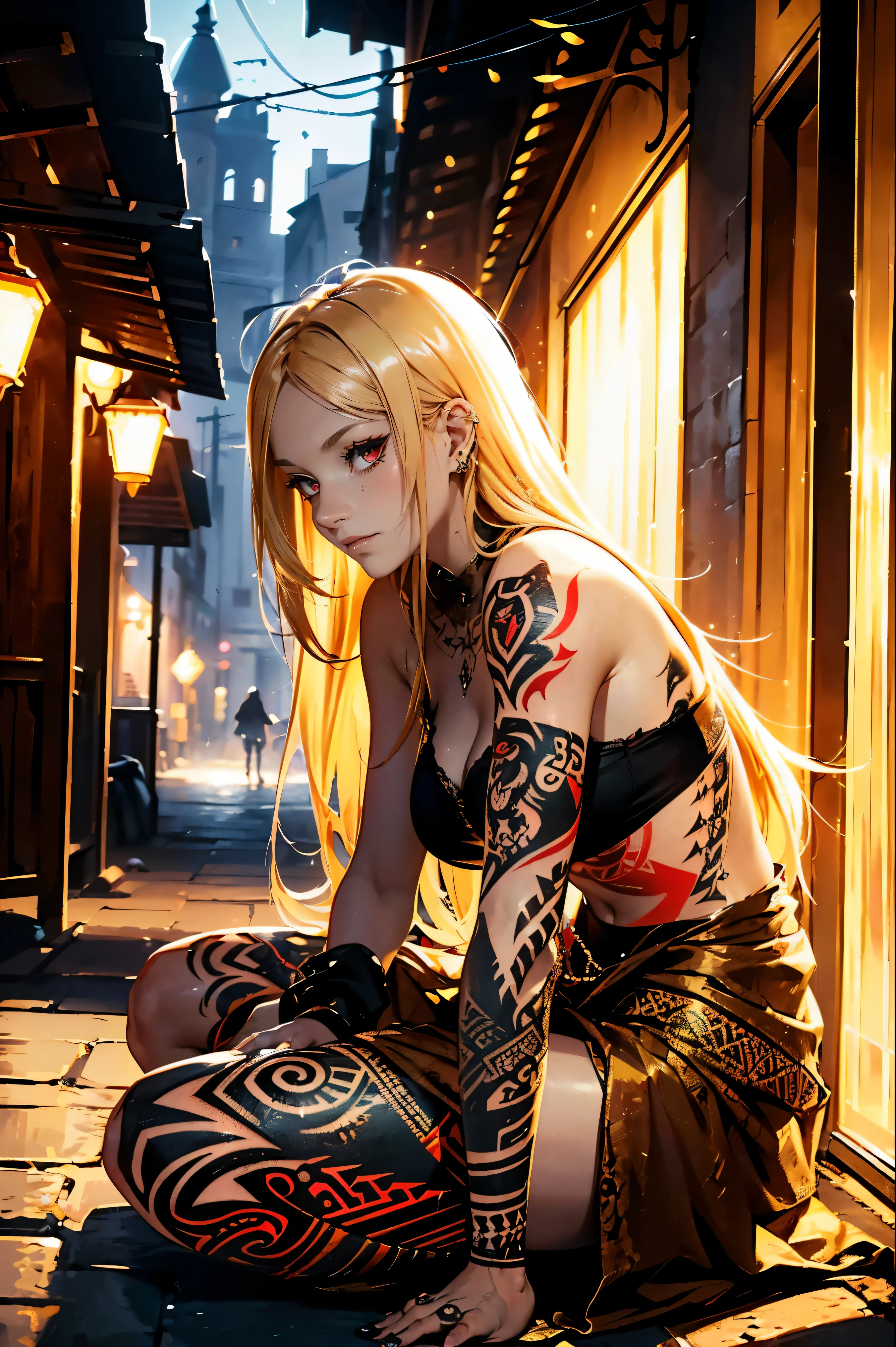 Masterpiece, top quality, dragon, one girl \(\) golden blonde hair and red eyes,((she is wearing poor ripped rags and looks homeless)), masterpiece, best quality, high quality,(red eyes with dark red glow), (in profile), (in profile), (darkness:1.2), abstraction, deep sea, award-winning photography, depth of field, hdr, very detailed, trending in art station, Trending in CGsociety, Complex, High Detail,(Masterpiece:1.2, Best Quality)(Best Lighting, Very Delicate and Beautiful)(Best Lighting, Very Delicate and Beautiful)(Beautiful Detailed Face)(Detailed Face with Detailed Eyes:1.2), (Young Girl, huge Beast, 1girl, Solo, Crazy Smile, Pale Skin,G Cup,Cleavage,19 Piercings,(( tattoos all over body, tribal tattoos all over legs)) blonde golden hair, glowing red eyes, dynamic angle, vampires), depth of field),high contrast,cowboy shot,full body, ((rags clothes)),rags clothes or dress, looking homeless, rusty sword in hand,, she is sitting in the rain in a lonely street, her rags are drenched in rain but she is grinning