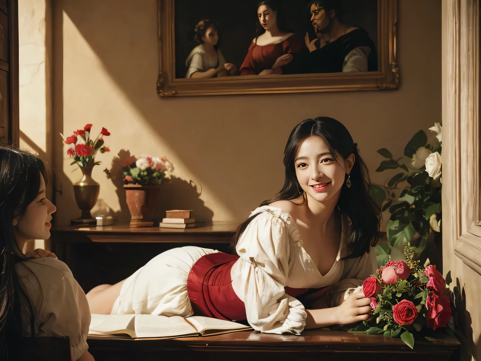 Giorgione painting style,Arguments of two female Philosophe,math、astronomical machine、astronaut、roses in vase、fruits、Cute trinkets、smile、ancient greek costume、Ancient Roman landscape in the style of Nicolas Poussin,laughter,,Sweet and seductive appearance.、Caravaggio's paintings、Chiaroscuro of Caravaggio、hair tousled by the wind,Two women frolicking,cute smile, expression of ecstasy,Sexy,erotic