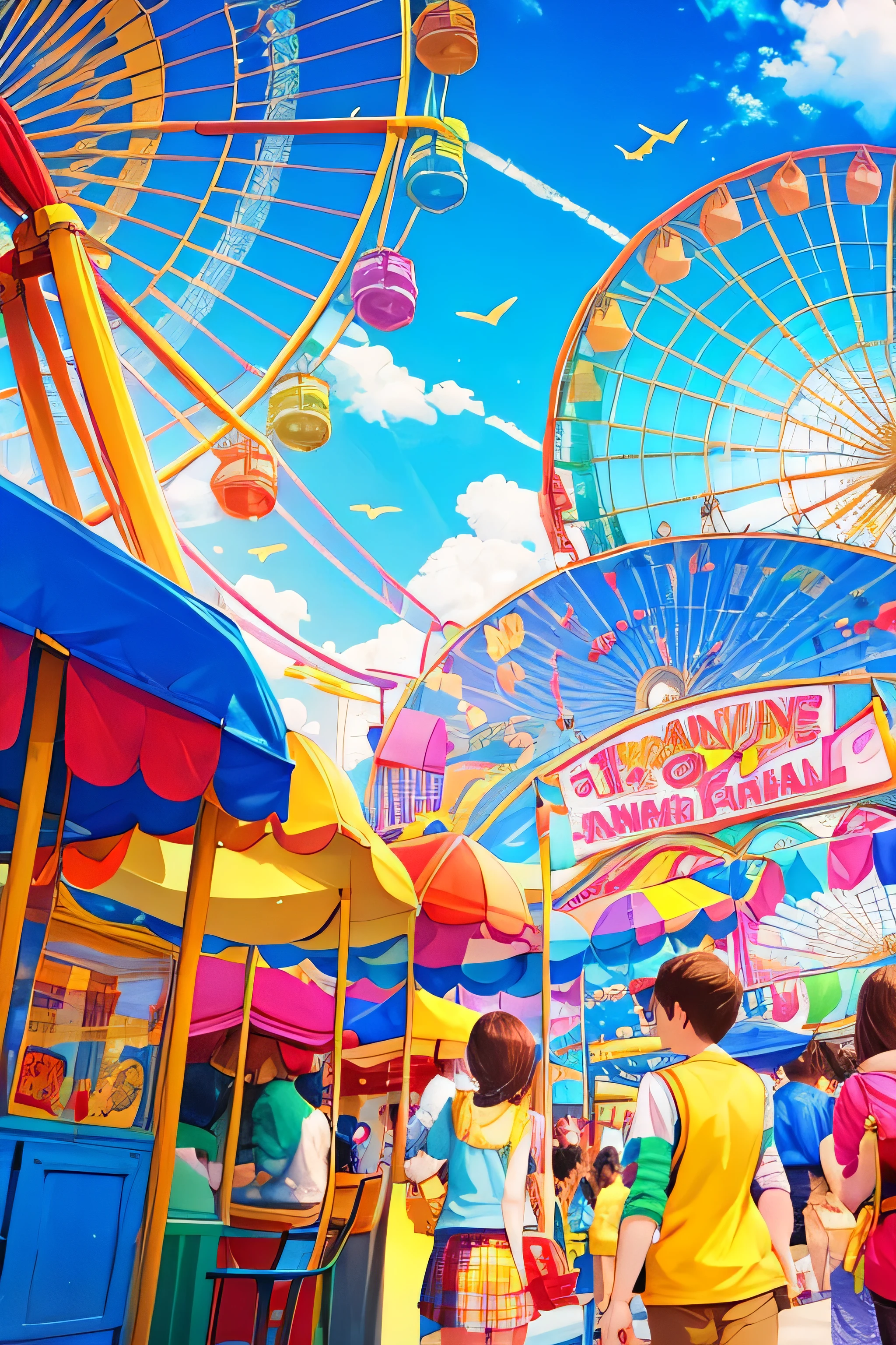 a carnival in the bright sunshine with blue skys, vibrant colors and bananas, ferris wheels and arcade games