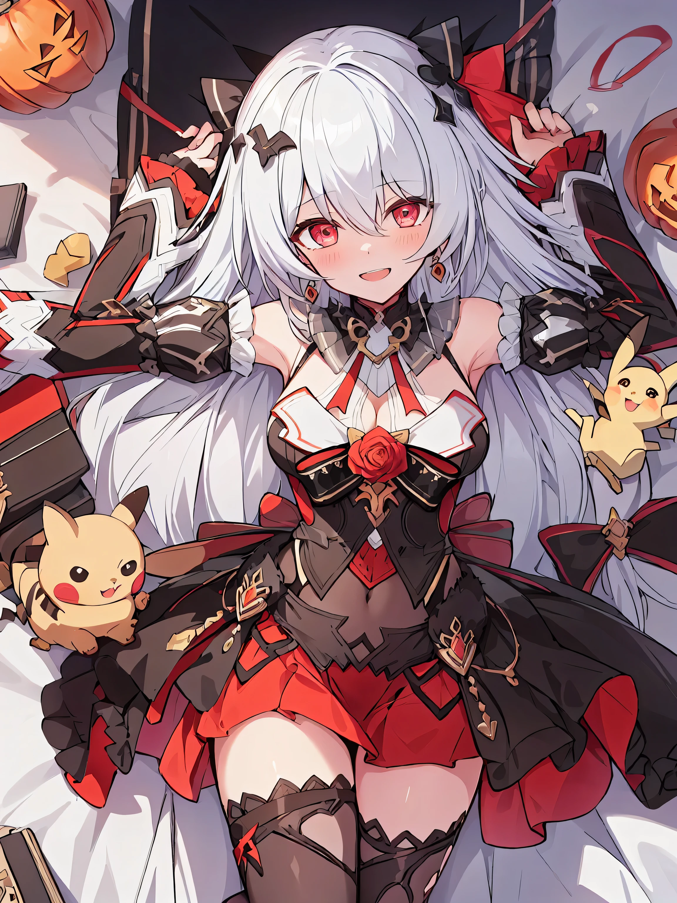 chick, stuffed_toy, stuffed_animal, stuffed_cat, hamster, teddy_bear, cat, bird, pokemon, kero, pumpkin, Pikachu, jack-o'-lantern, bear, Kamado_Nezuko, 1girl,  simple cats, simplecats
shiyue,  red eyes,  breasts,  long hair,  cleavage,  black dress,  white hair,  thighhighs,  hair ornament,  bare shoulders,  detached sleeves,  jewelry,  earrings, bed, laying in bed, looking at viewer, smile, open mouth, Lying with open arms, spread arm, mature girl, mature 