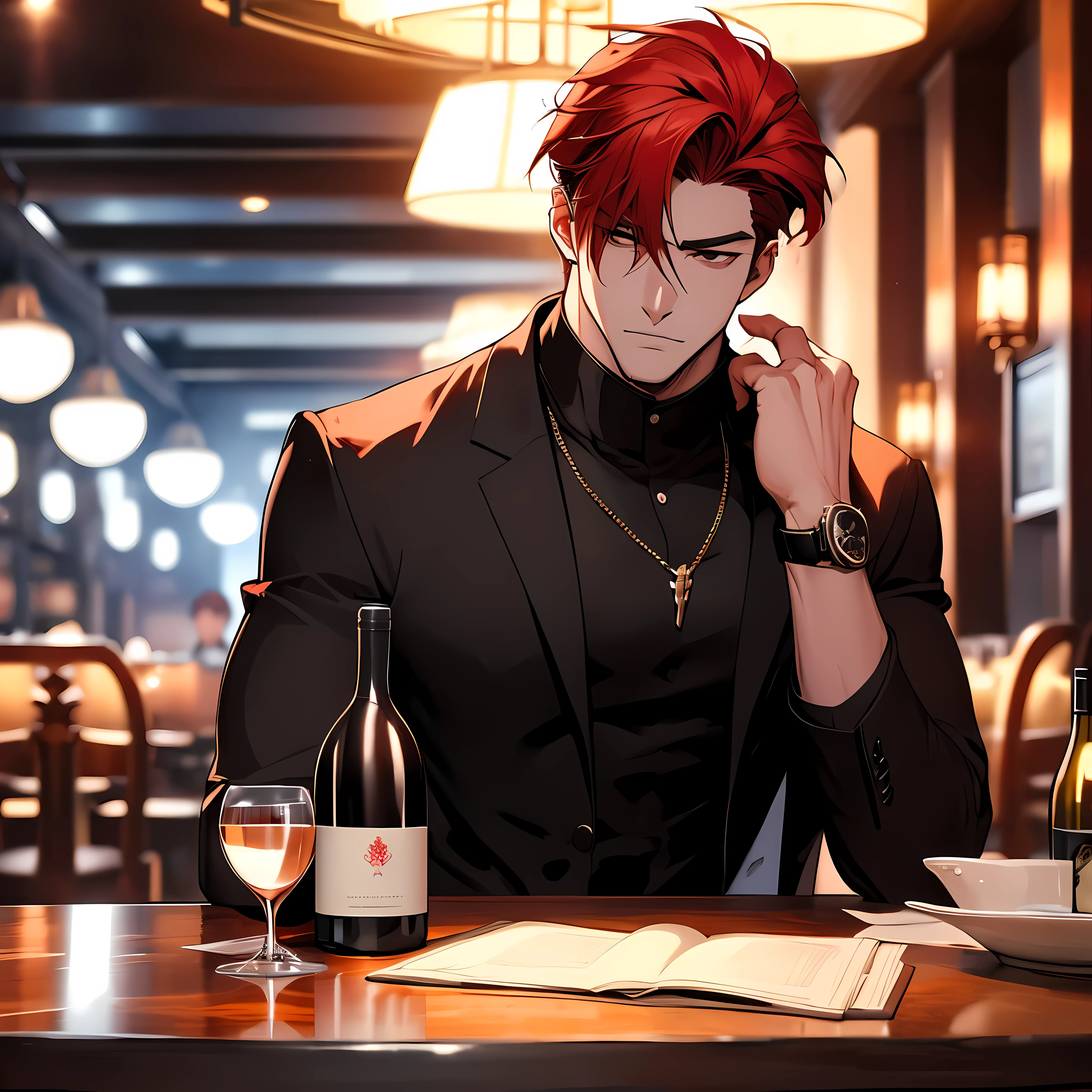 perfect fingers , manhwa style , male character 
, face cool , red hair , Big muscle , Tall , black long coat , bar restaurant backdrop , sitting in a chair , table with a bottle of wine , romantic atmosphere
