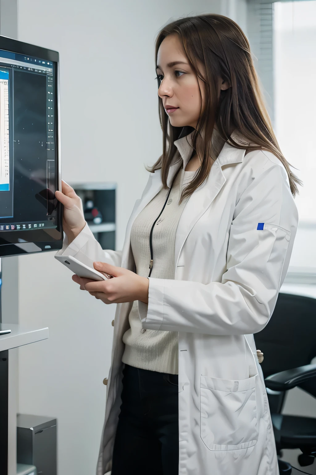 A caucasian female scientist in a white coat looks into a computer monitor、Touch the monitor with your index finger