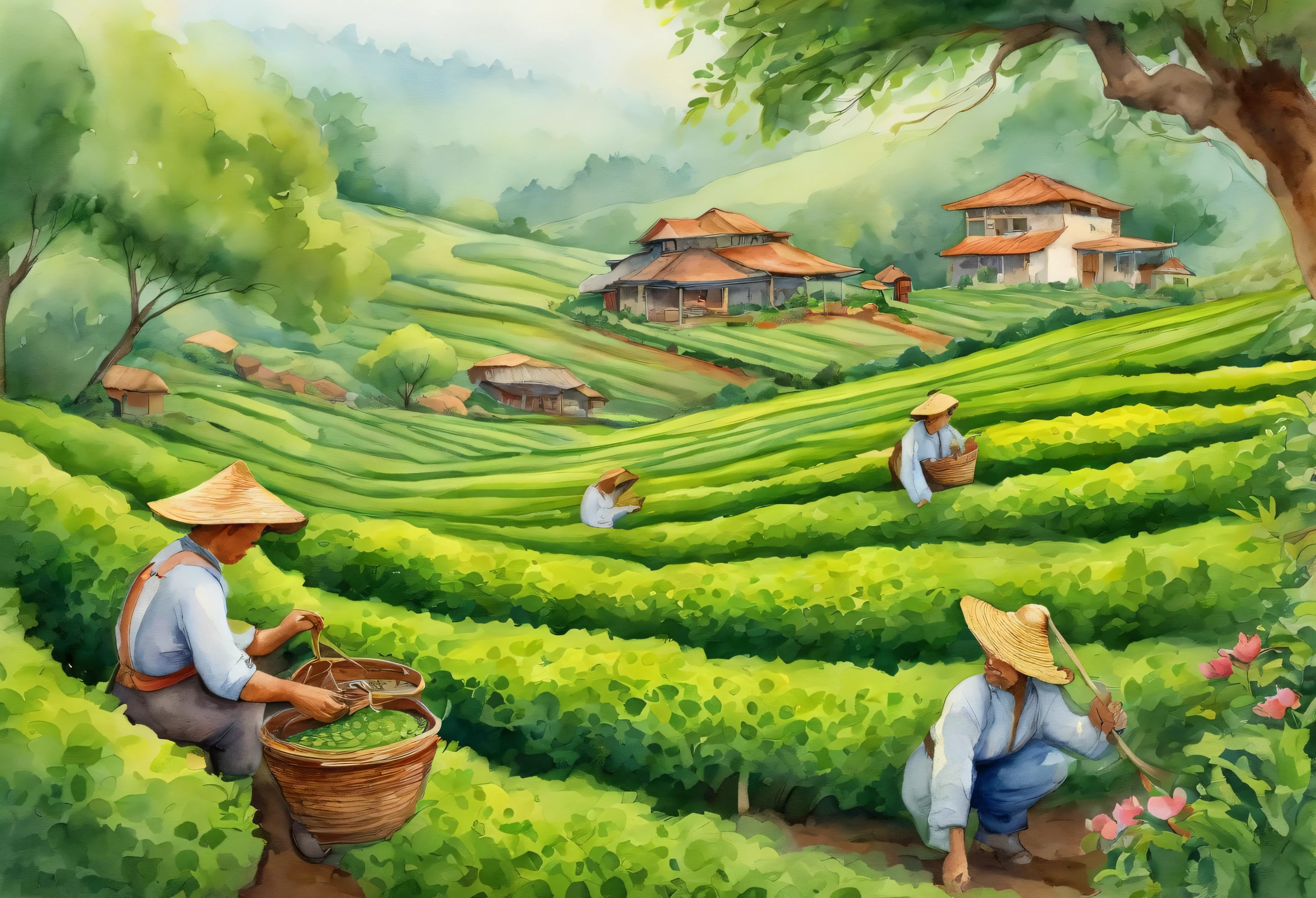 cartoon tea garden, Tea farmers are busy picking tea leaves, high detail, Ghibli style colors, ultra high definition, Super details, high quality, high details, high resolution, best quality, 16K