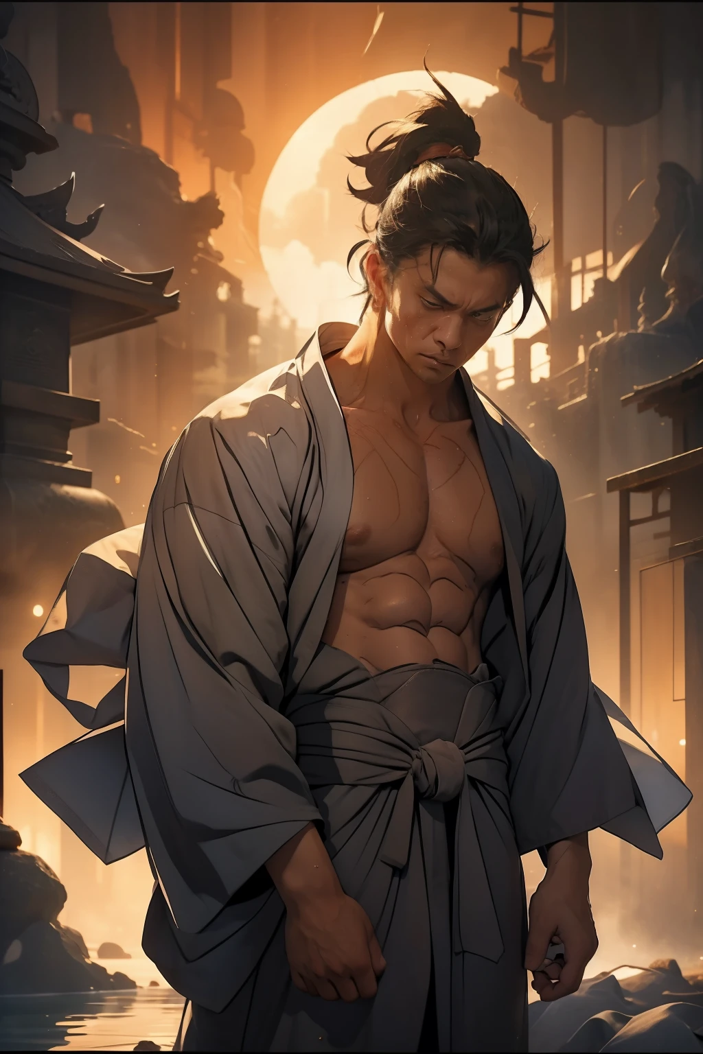 A hyperrealistic man, battered and bruised, stands with a half-open ripped kimono, bowing melancholically towards the full moon. His face, etched with deep lines and an air of despair, is turned away from the camera in 4K ultra-high definition. The intricately detailed muscles on his bare back ripple beneath the moonlight, showcasing the raw power and emotion behind his demeanor. The scene unfolds in a serene and poignant manner, inviting the viewer to ponder the depths of his troubled soul.
