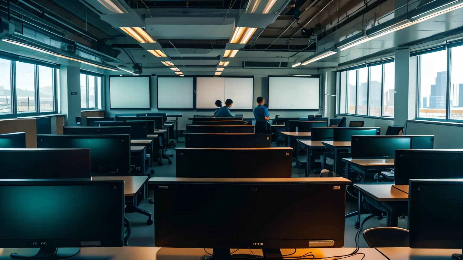A realistic scene of a computer classroom, filled with students intently focused on their screens, dimly lit, , Detailed, high-definition, (Long: 1.8), Modern, wires and cables intricately organized, teacher teaching at the front of the room, computadores avanzados lineados en los bancos, monitores brillantes, calma y expectante atmosfera, 8K, ultrahigh definition.
A modern computer classroom setting, students seated at their desks, computers linearly arranged, dimly lit, , Meticulous, high resolution, (Long: 1.5), Focused, screens brightly illumin