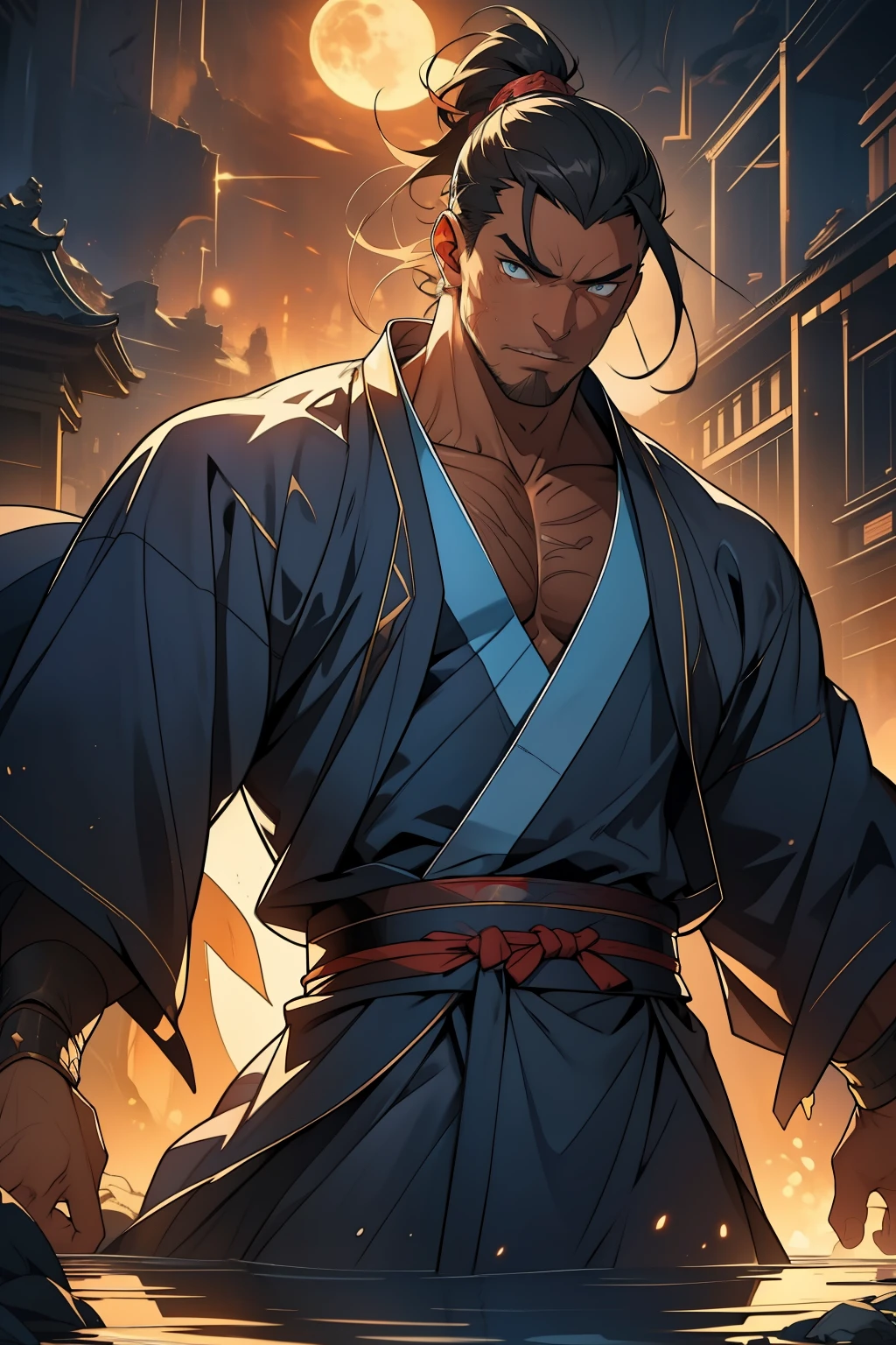 A hyperrealistic man, battered and defeated, stands with his back turned towards the camera, his torn kimono billowing in the night wind. His expression is one of deep sadness and introspection as he gazes up at the full moon. The moonlight casting an ethereal glow on his ultra-detailed face, with hyperrealistic features and stubble covering his strong jawline. His eyes, ultra-detailed and expressive, are filled with a mix of emotions - despair, regret, and perhaps a glimmer of hope. The ripples of his muscles, hyperdefined and detailed, can be seen through the open gaps in his clothing. The scene is captured in pristine 4K