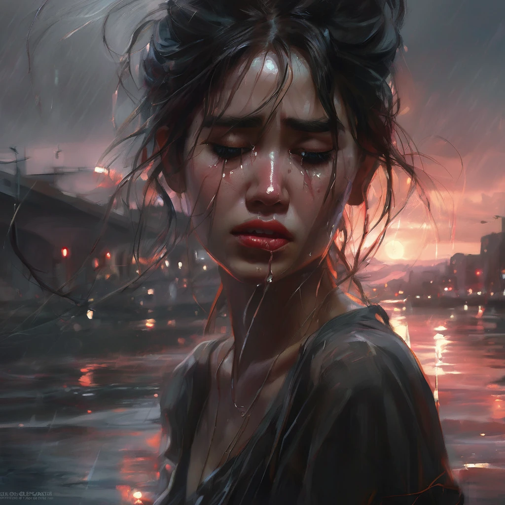 crying, aesthetic, extremely detailed, Crying eyes tears of blood as it pours its essence into the river soul, girl, by WLOP, by Artgerm, by Michael Garmash, by Rob Rey, digital art, trending on artstation, beautiful lightning, atmospheric